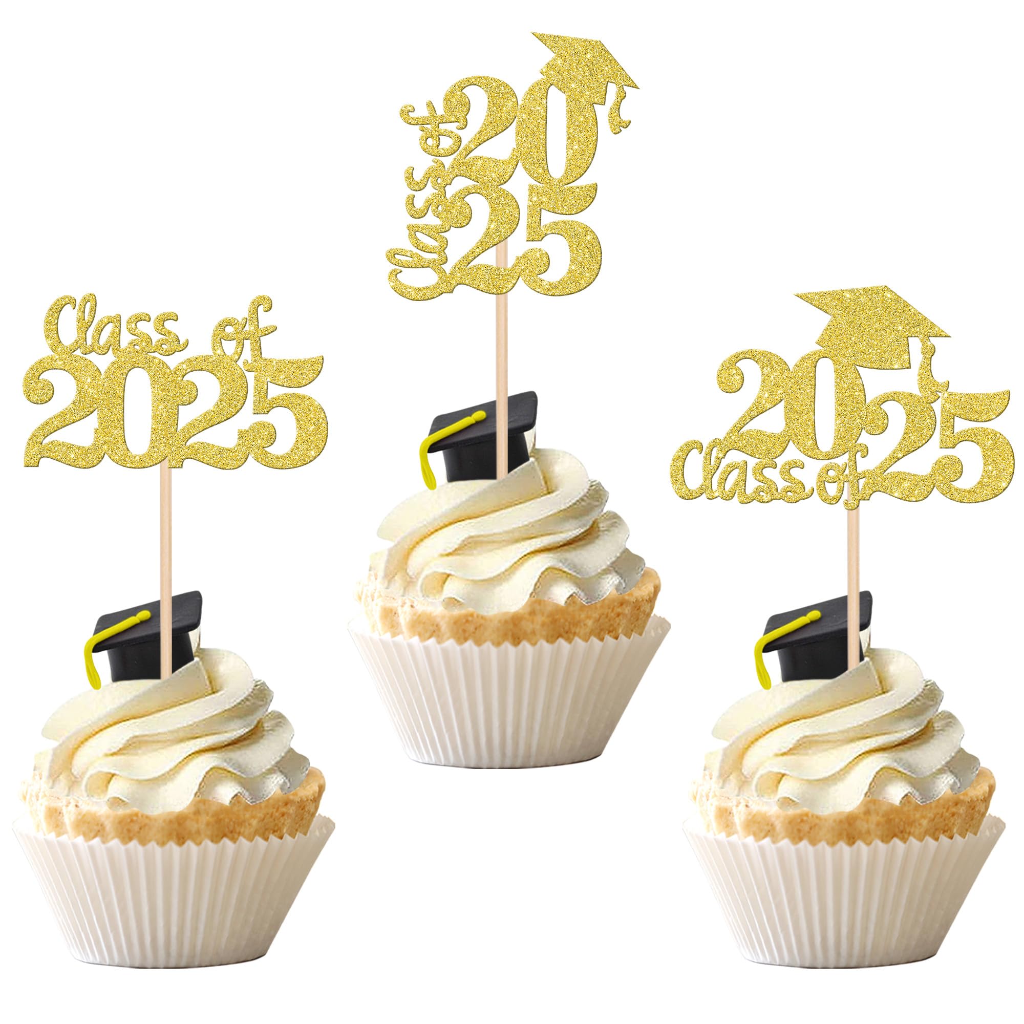 30 PCS Class of 2025 Glitter Graduation Cap Cupcake Toppers - Gold High School Graduation Cake Decorations for 2025 Theme Party, Birthday, Commencement Celebrations