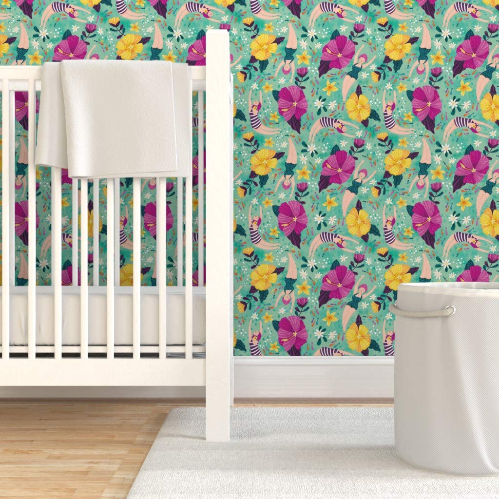 Peel & Stick Removable Wallpaper 9ft x 2ft - Underwater Ocean Theme with Hibiscus Flowers, Bubbles & Sea Animals | Self-Adhesive Custom Wallpaper for Bedroom, Nursery, or Bathroom Decor by Spoonflower
