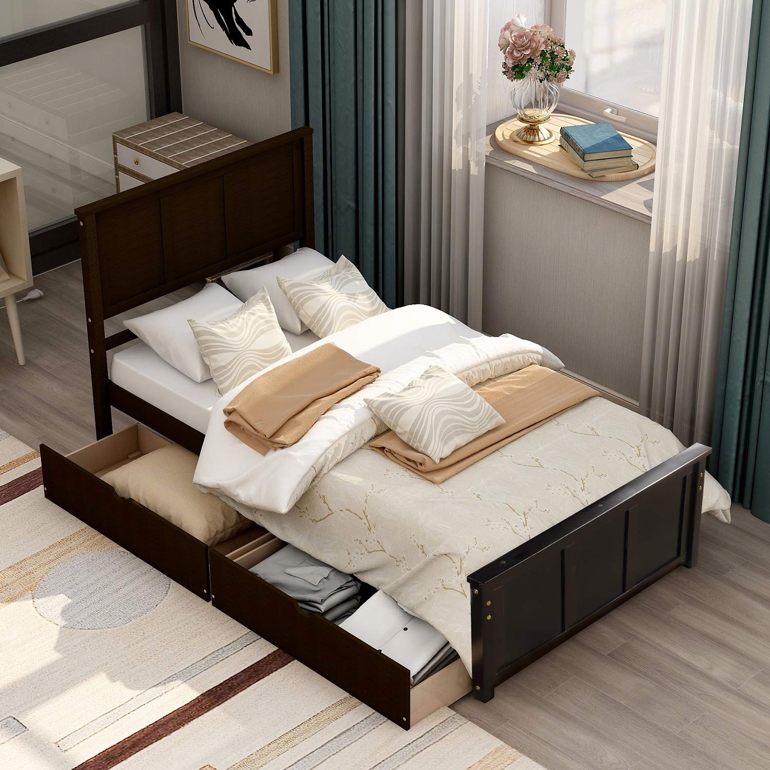 **Rhomtree Twin Platform Bed Frame with Headboard & 2 Storage Drawers - Solid Wood, No Box Spring Needed, Easy Assembly (Espresso) - Perfect for Small Bedrooms, Guest Rooms & Kids' Rooms**