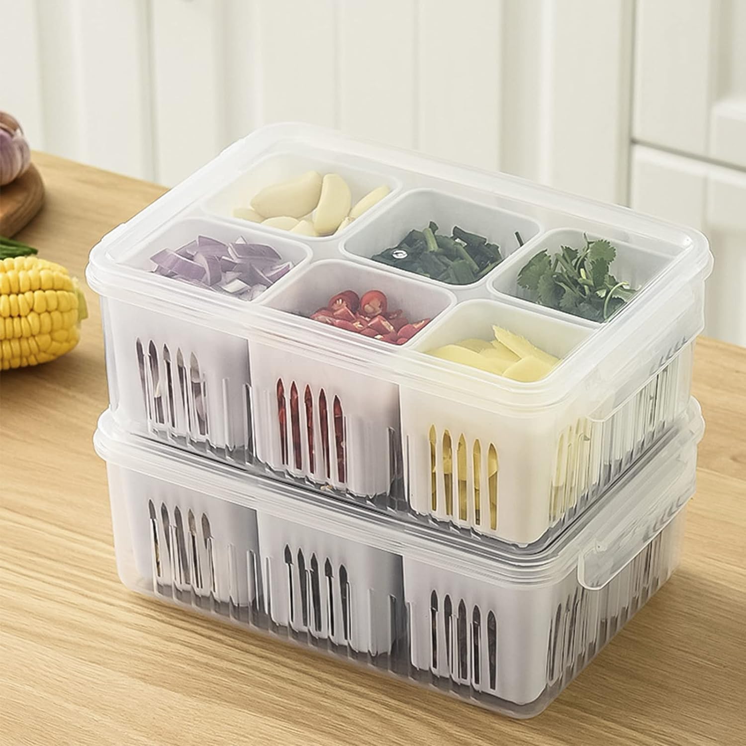 UCRAVO 6-Compartment Divided Veggie Tray - Airtight Snackle Box & Charcuterie Container for Food Storage | Refrigerator Safe Food Prep Containers | Perfect for Meal Prep, Party Platters & Fruit Organization (1 Pack)