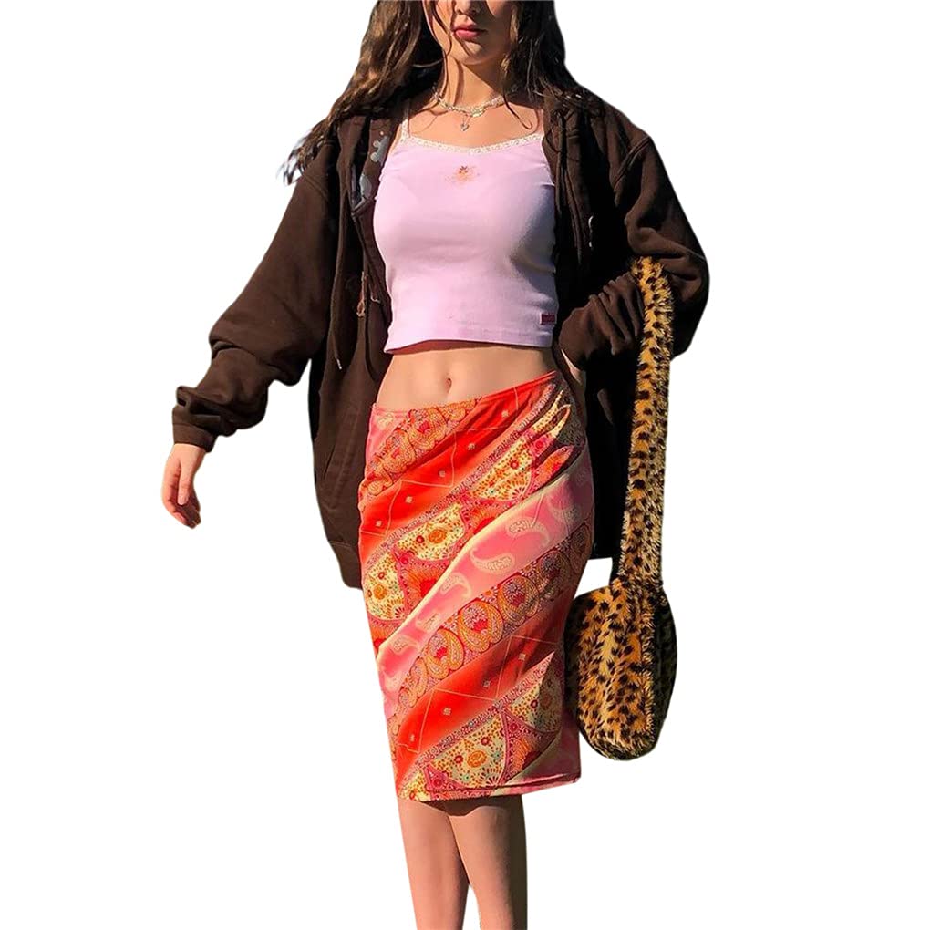 Y2K Women's E-Girl Bohemian Midi Skirt - High Waist Printed A-Line Summer Party Long Pencil Skirt Dress (Orange #3, Small) | Perfect for Music Festivals, Beach Vacations & Retro Outfits