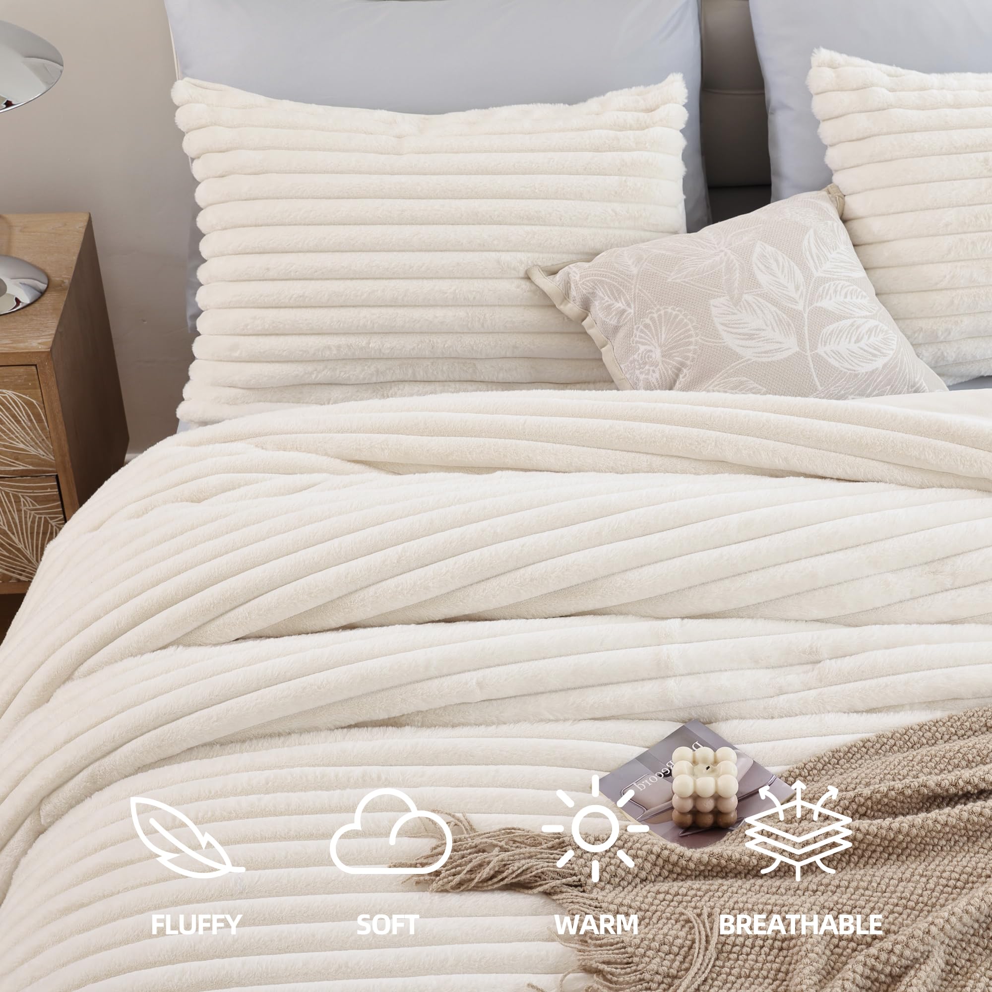 Luxury Fluffy Queen Comforter Set 3-Piece - Cream White Faux Fur Bedding, Ultra Soft & Warm Fleece Blanket for All Seasons, Includes 2 Pillow Shams | Cozy Bedroom Upgrade for Winter Nights & Hotel-Style Comfort