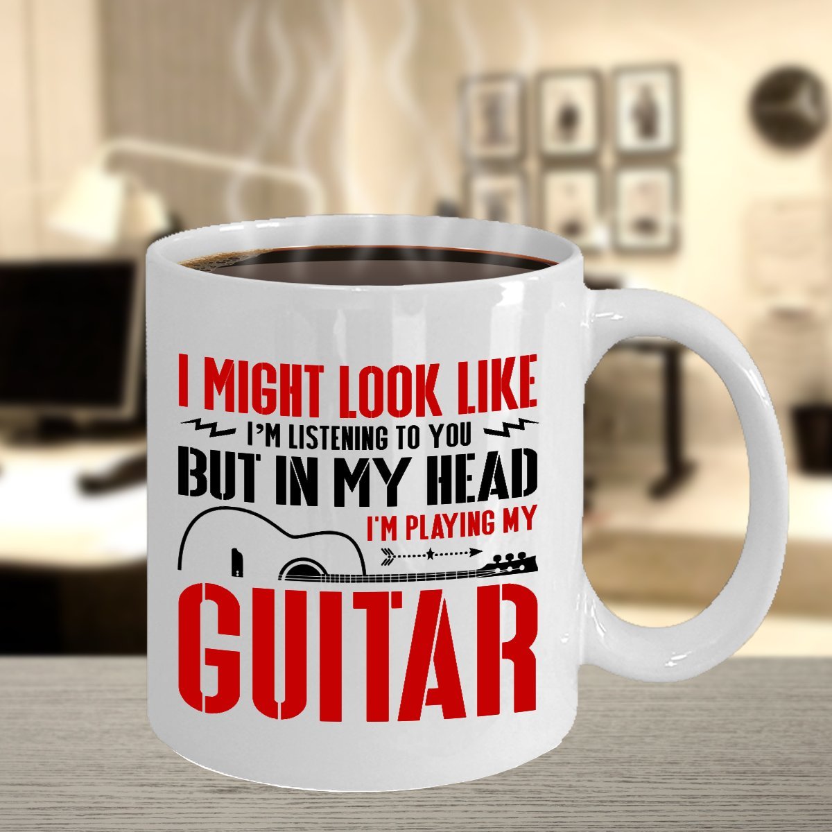 EpicMugs Funny Guitar Lover Coffee Mug - 'I Might Look Like I'm Listening But In My Head I'm Playing Guitar' - Perfect Gift for Musicians & Guitar Players - Ideal for Coffee, Tea & Office Use