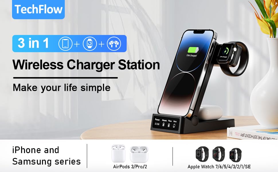 TechFlow 3-in-1 Foldable Fast Wireless Charger for iPhone 15/14/13/12/11/Pro Max/X/XS/XR/8 Plus, Apple Watch Series 9/8/7/SE/6/5/4, AirPods 3/Pro/2 - Black | Multi-Device Charging Station for Home, Office & Travel