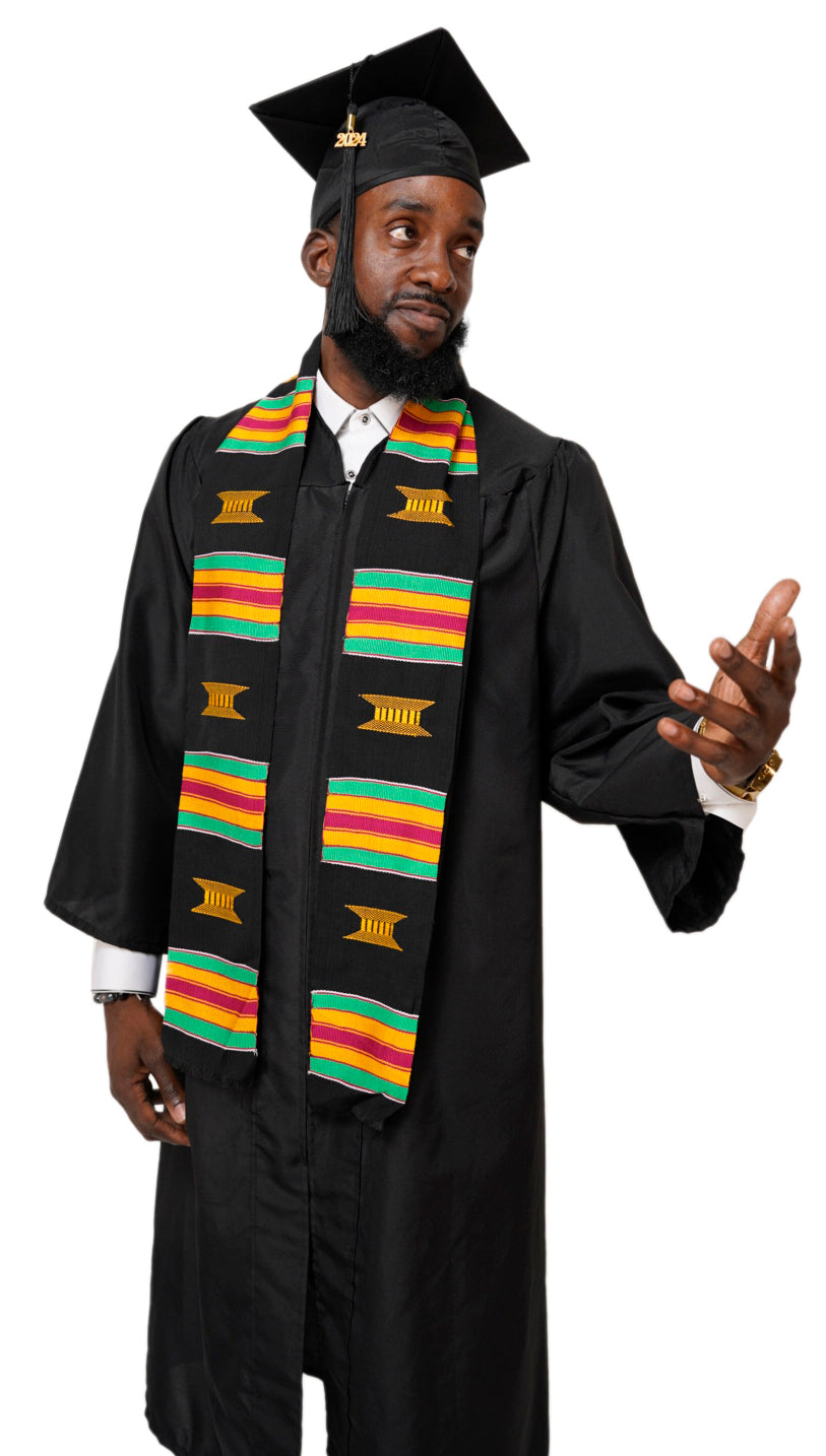 Black and Gold Handwoven Kente Cloth Graduation Stole - Authentic African Heritage Sash DP2169BLK | Perfect for Graduation Ceremonies, Cultural Events & African Pride Celebrations
