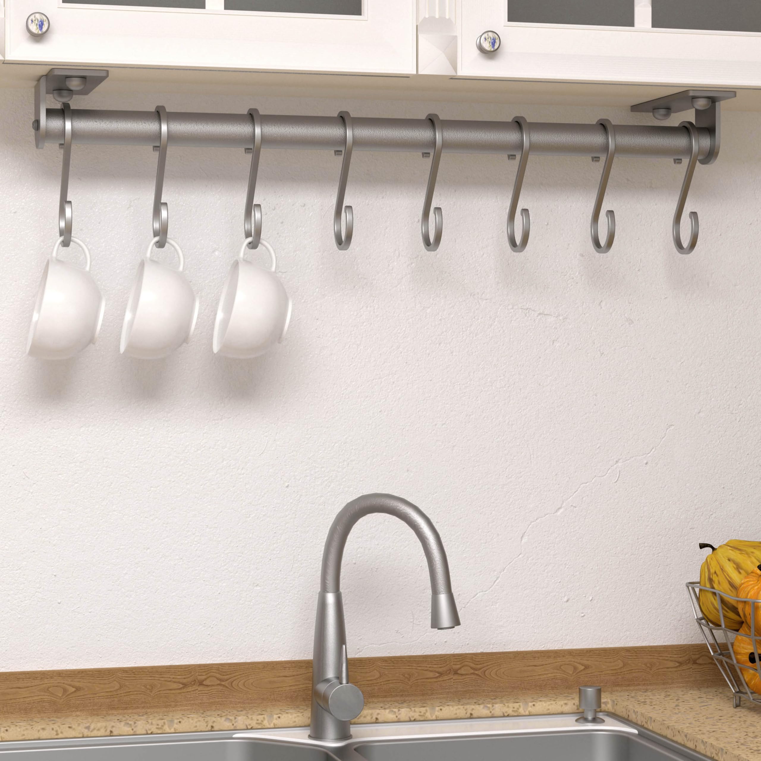 Stainless Steel Wall Mounted Kitchen Utensil Holder with 8 Hooks - Pot & Pan Rack Organizer for Spoons, Mugs & Cooking Tools | Space-Saving Storage for Small Kitchens & RV Camping