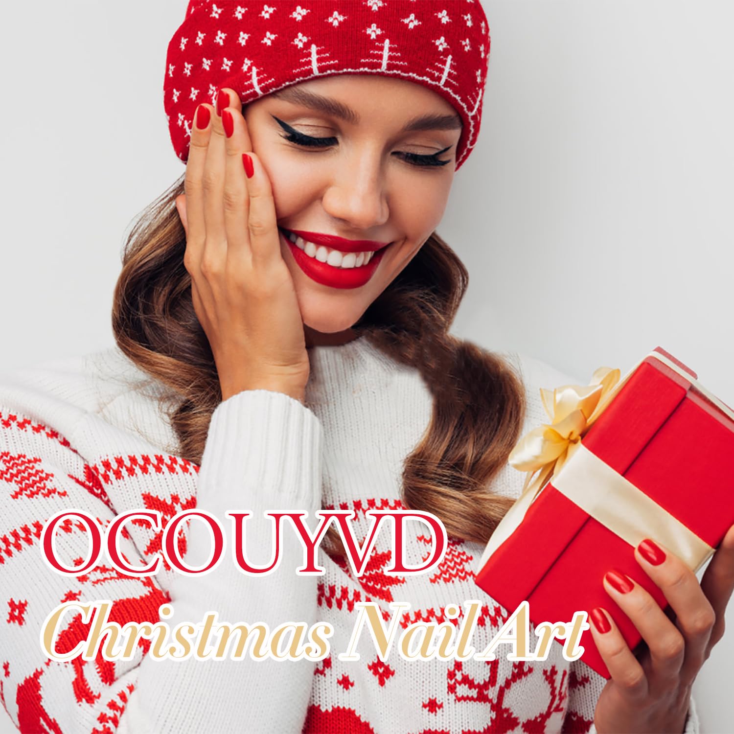 Christmas Press on Nails Short Almond Fake Nails - Xmas Red & White Stripes with Snowflake Santa Hat Bow Design - 24Pcs Full Cover Acrylic Nails Kit for Women - Perfect for Holiday Parties, Gift Giving & Festive Manicures