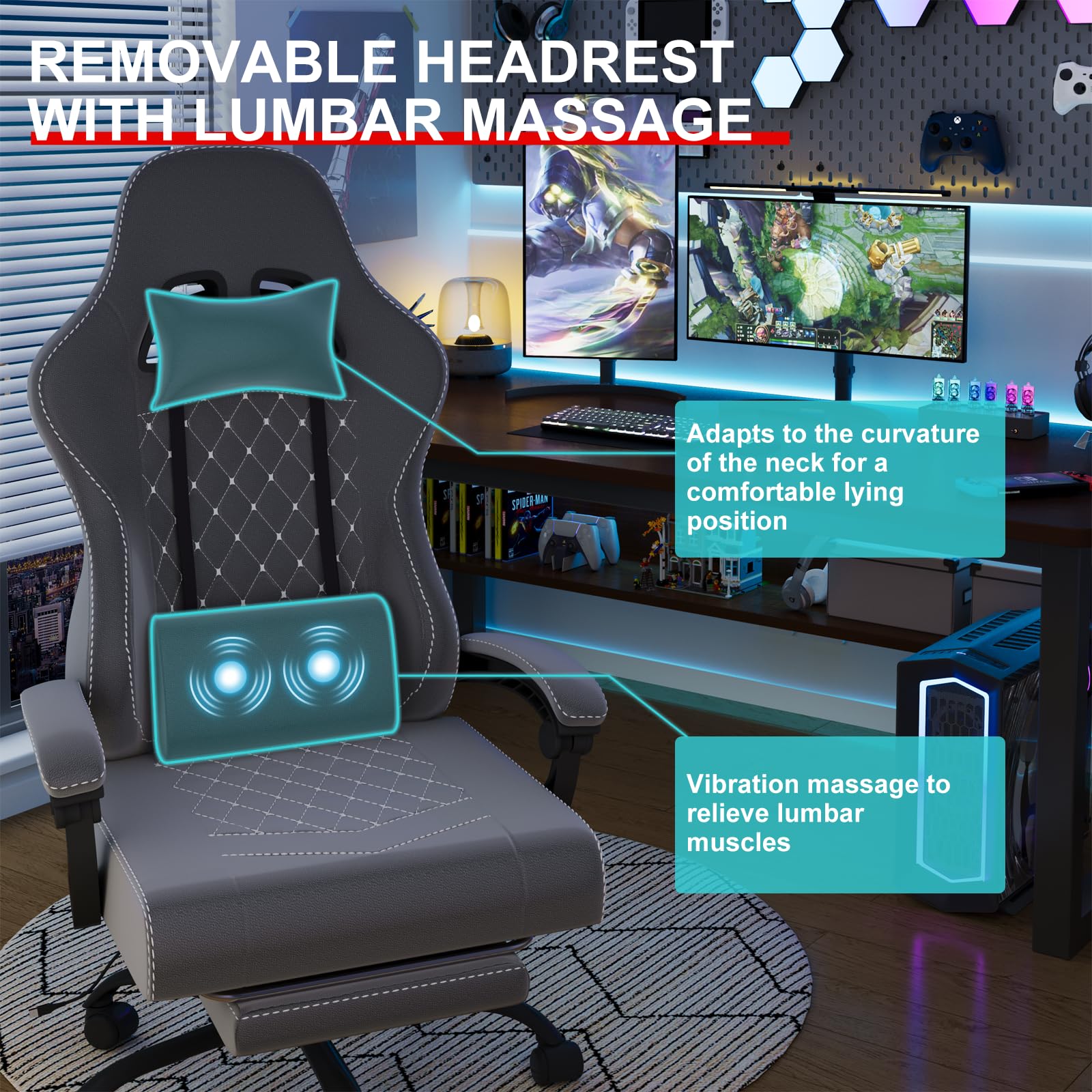 Devoko Ergonomic Gaming Chair with Lumbar Support & Footrest - 360° Swivel, 150kg Weight Capacity, Dark Gray - Perfect for PC Gaming, Office Work & Home Use
