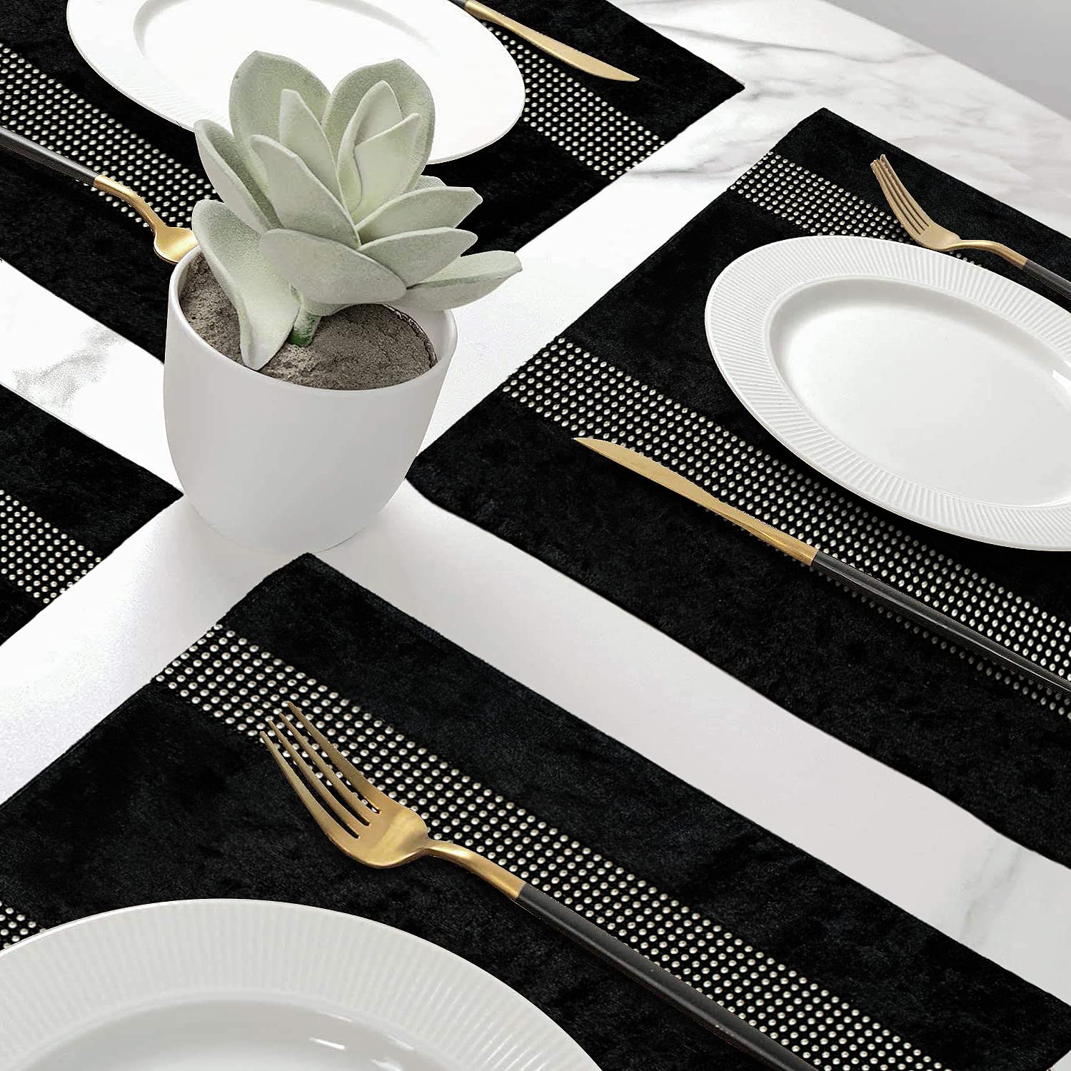 Jiino Rhinestone Sequin Placemats Set of 4 - Elegant Black Dining Table Mats for Home Decor, Dinner Parties & Coffee Tables - Waterproof & Washable Table Mats for Everyday Use