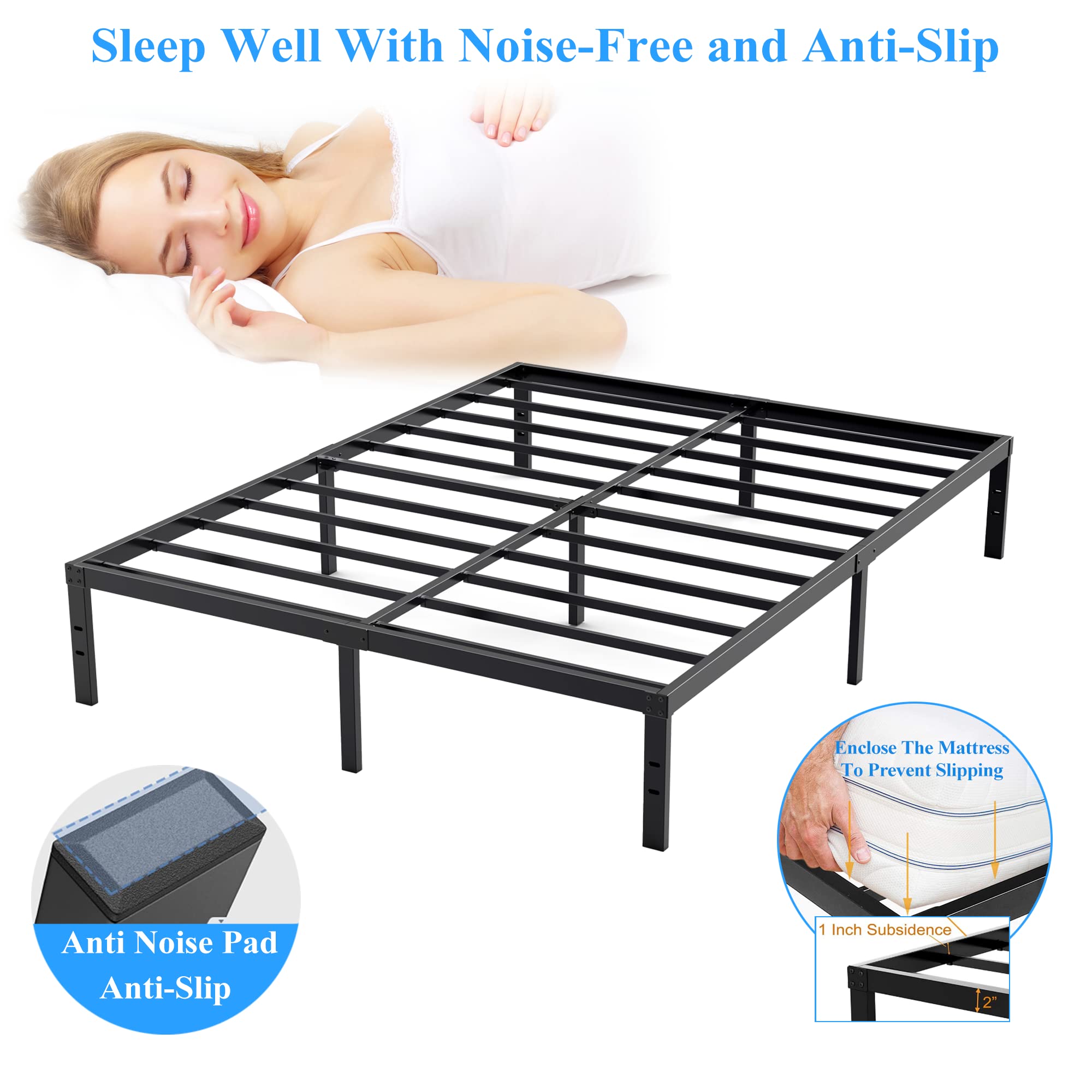 14 Inch Heavy Duty Metal Queen Bed Frame - No Box Spring Needed, Supports Up to 3500lbs | Sturdy Platform Bed for Master Bedroom, Guest Room & Small Spaces