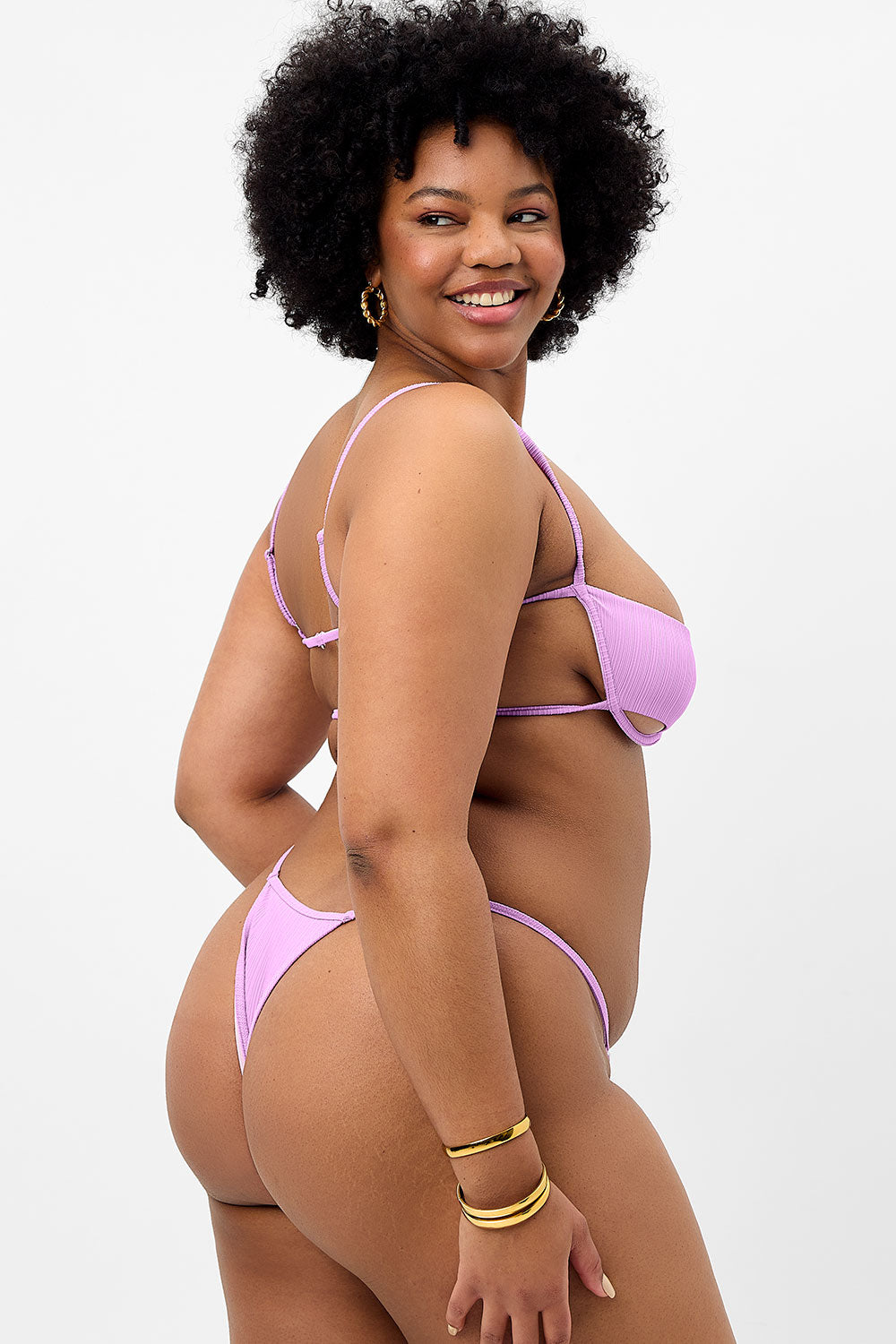 Harmony Plissé Thong Bikini Bottom - Wisteria Purple High Waisted Swimwear for Women | Beach Vacation, Pool Party, Summer Fashion