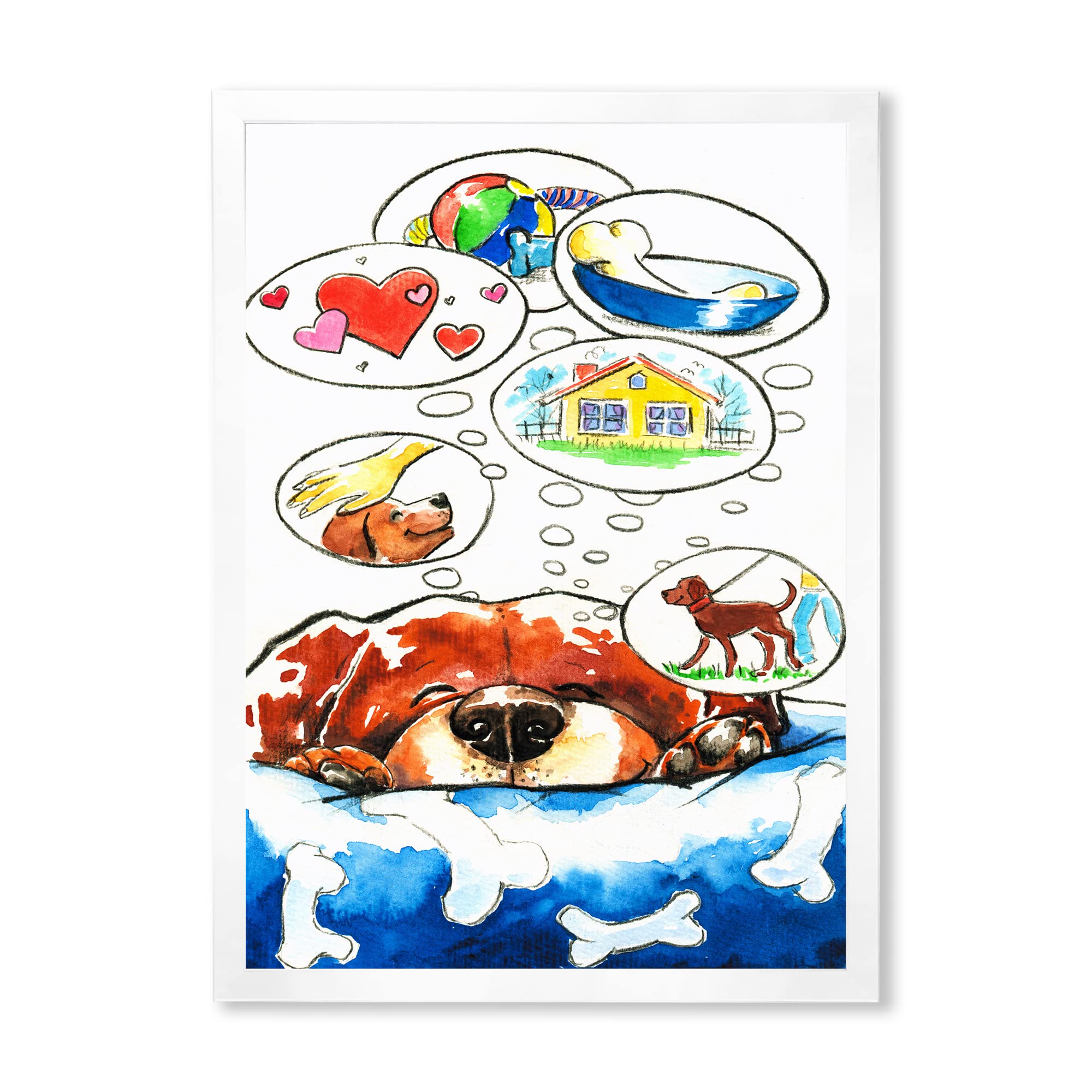 DesignQ Dog Dreams Framed Wall Art for Kids - Perfect for Nursery, Bedroom & Playroom Decor