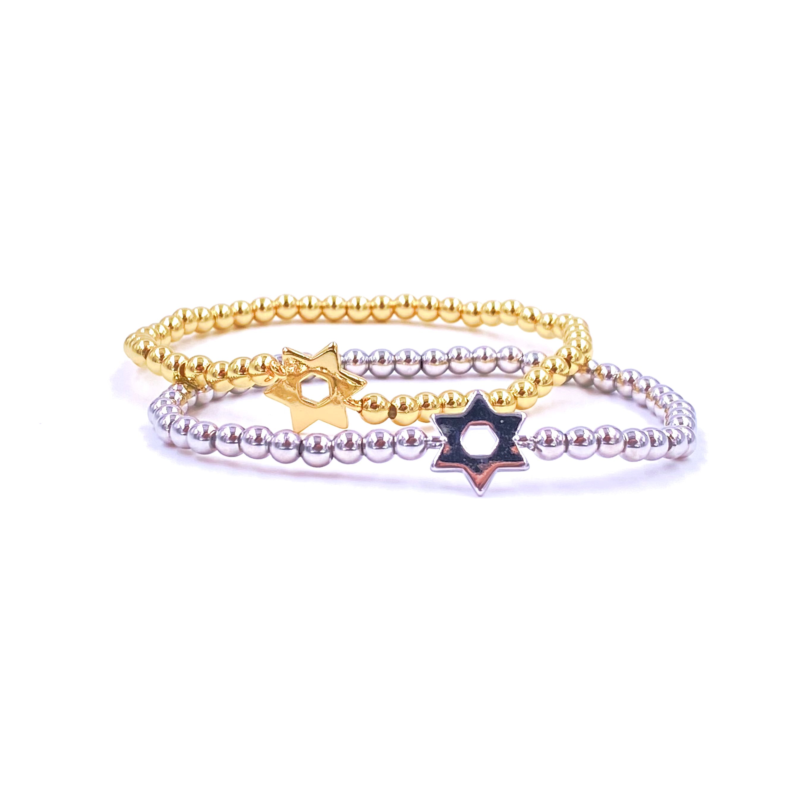 Ashley Gold Stainless Steel Center Closed Star Stretch Beaded Bracelet for Women - Elegant Adjustable Charm Jewelry for Party, Wedding & Everyday Wear