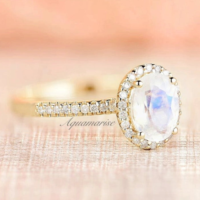 14K Solid Yellow Gold Iris Oval Moonstone Engagement Ring - Elegant Wedding & Promise Ring for Women, Perfect for Proposals, Anniversaries, and Special Occasions