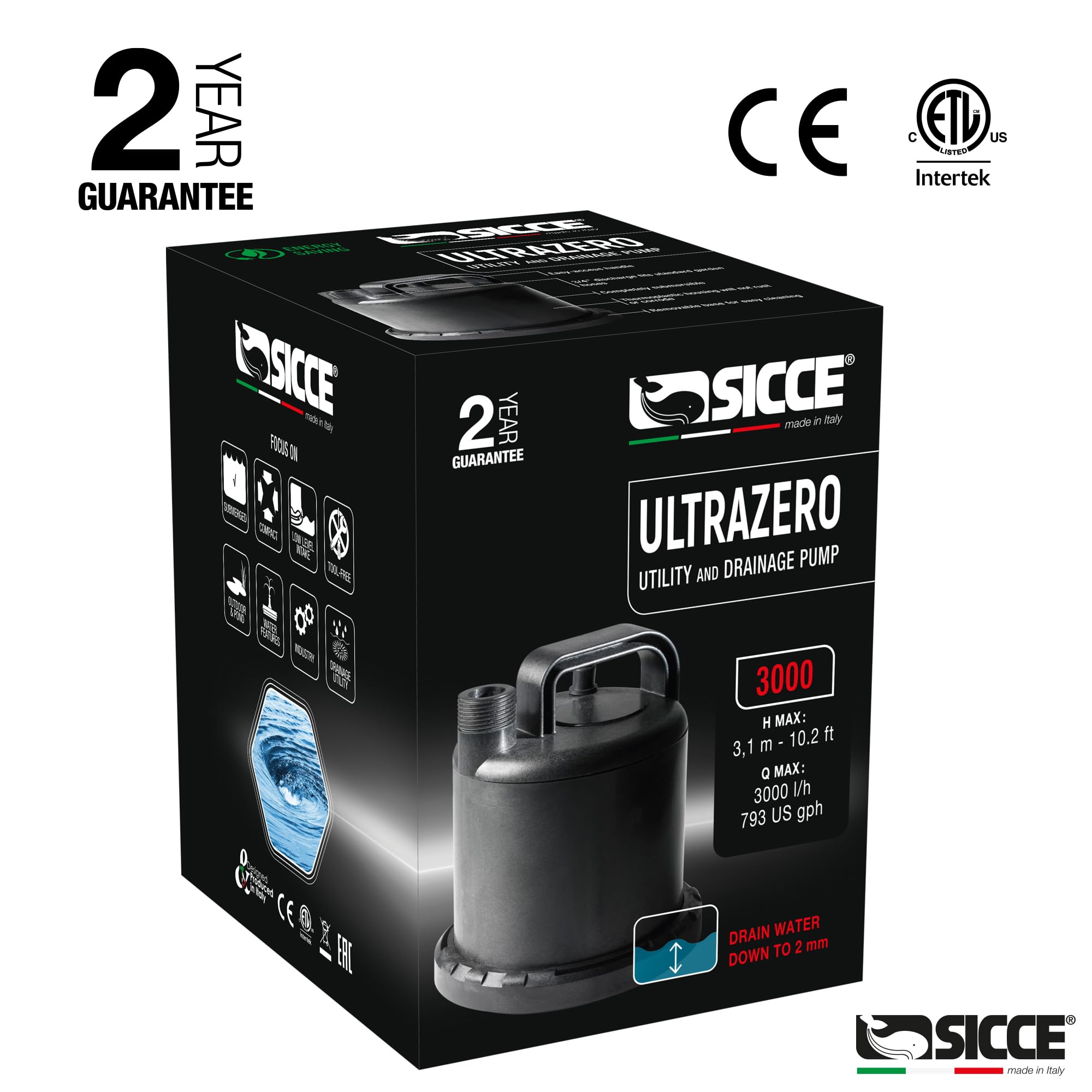 SICCE Ultra Zero 793 GPH Multi-Purpose Water Pump - Quiet Durable Aquarium, Fish Tank, Fountain, Pond, Hydroponics, Terrarium Pump - Garden Hose Connection with Portable Handle - Freshwater & Saltwater Safe - Ideal for Indoor/Outdoor Water Features, Hydroponic Systems, and Aquatic Habitats
