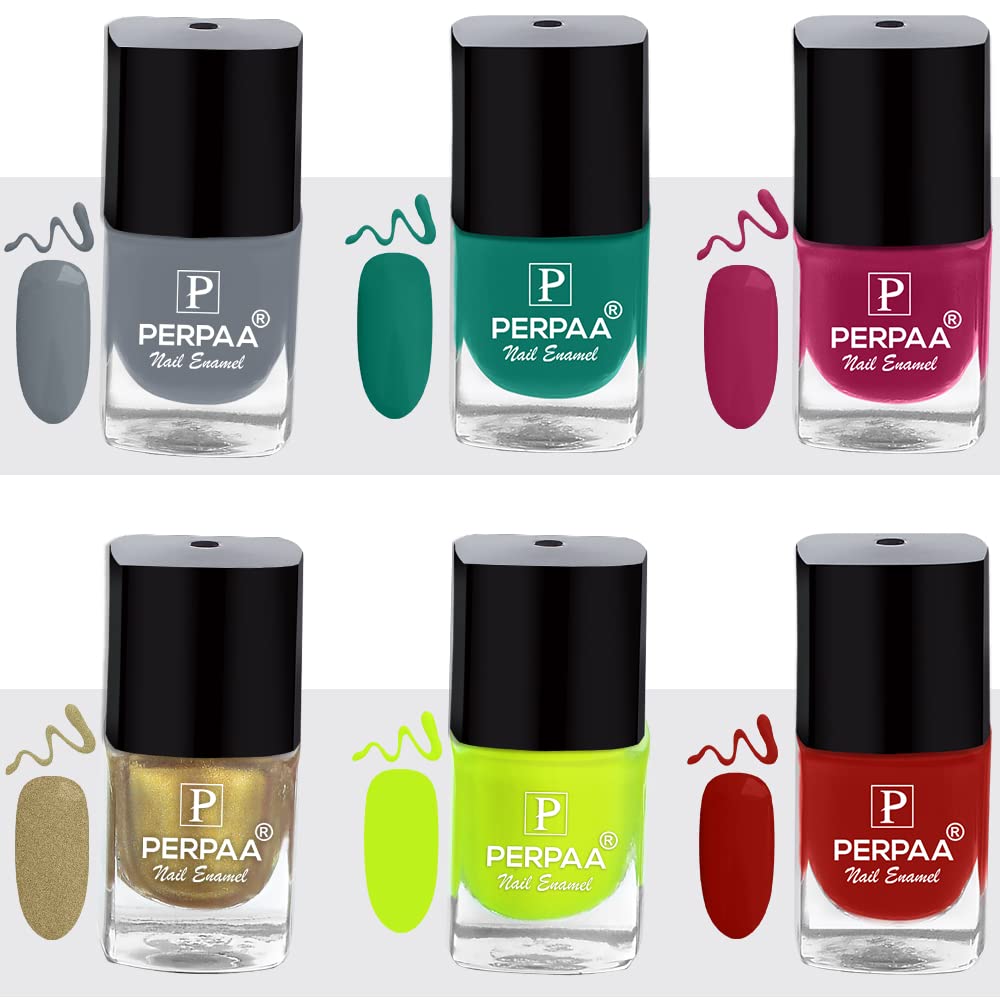 PERPAA® 6-Pack Long-Lasting Gel Nail Polish Set - Quick Dry, Chip Resistant (Grey, Green, Pink, Gold, Neon, Deep Red) - Perfect for Home Manicures, Nail Salons & Gift Giving