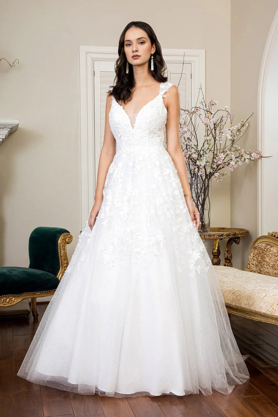 Elegant 3D Floral Embroidery Long V-Neck Wedding Dress – Perfect for Bridal Ceremonies, Beach Weddings & Formal Events
