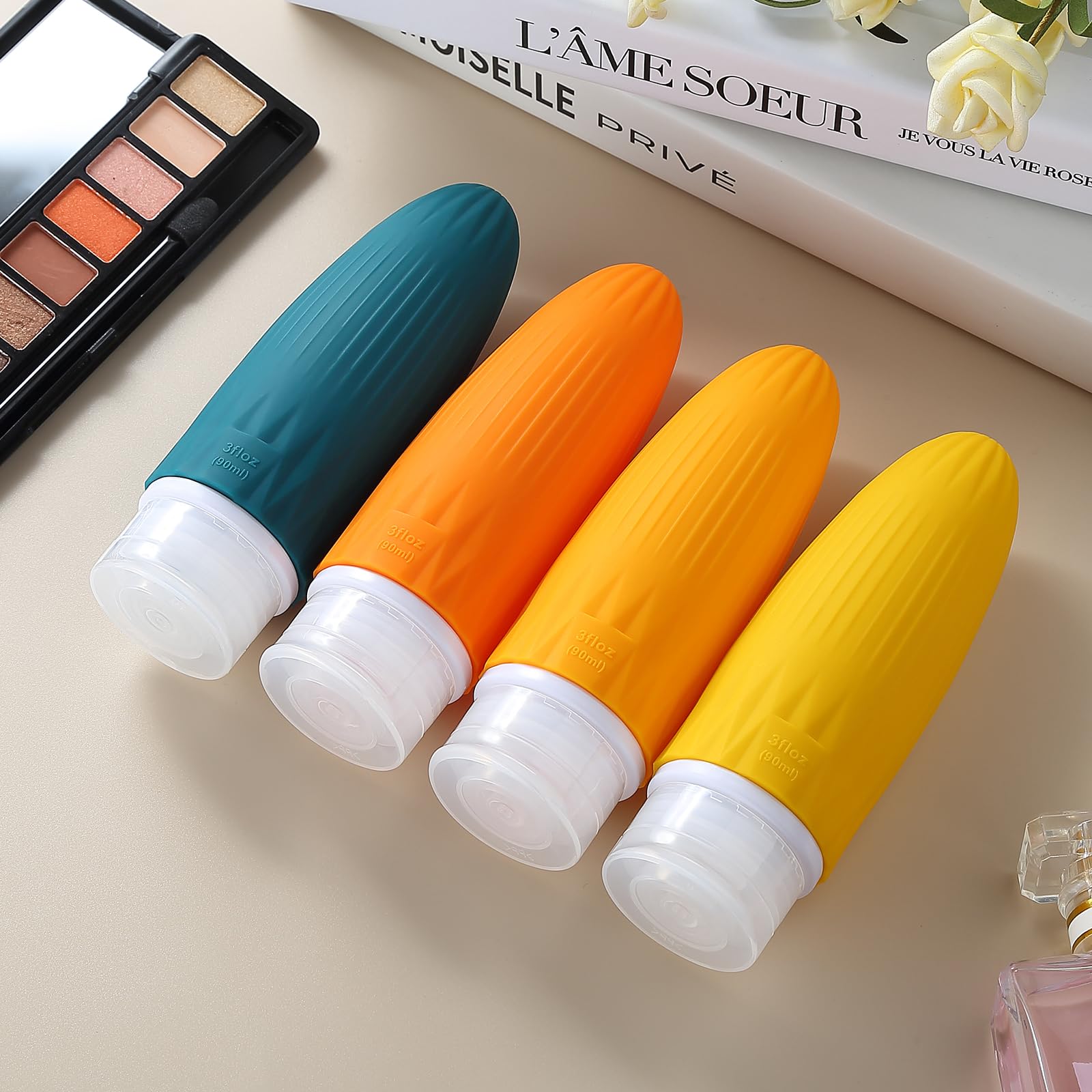 Gemice 4-Pack TSA Approved 3oz Leak-Proof Silicone Travel Bottles for Shampoo, Body Lotion & Toiletries | Refillable Squeezable Containers for Air Travel, Gym, Camping & Vacation Essentials
