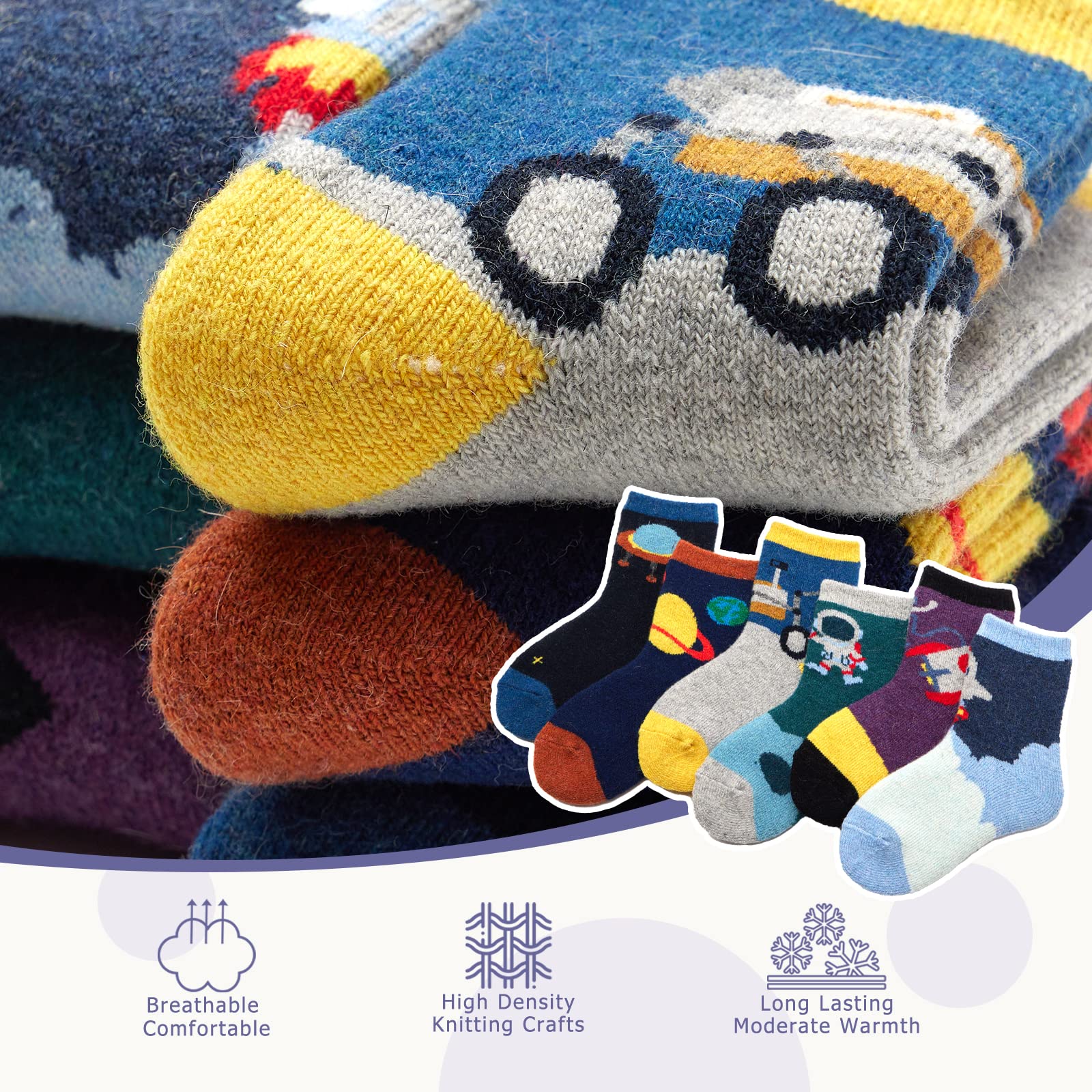 6 Pack Boys' Thermal Wool Socks - Thick Winter Warm Crew Socks for Kids with Space Design | Cold Weather, Outdoor Activities & School Wear