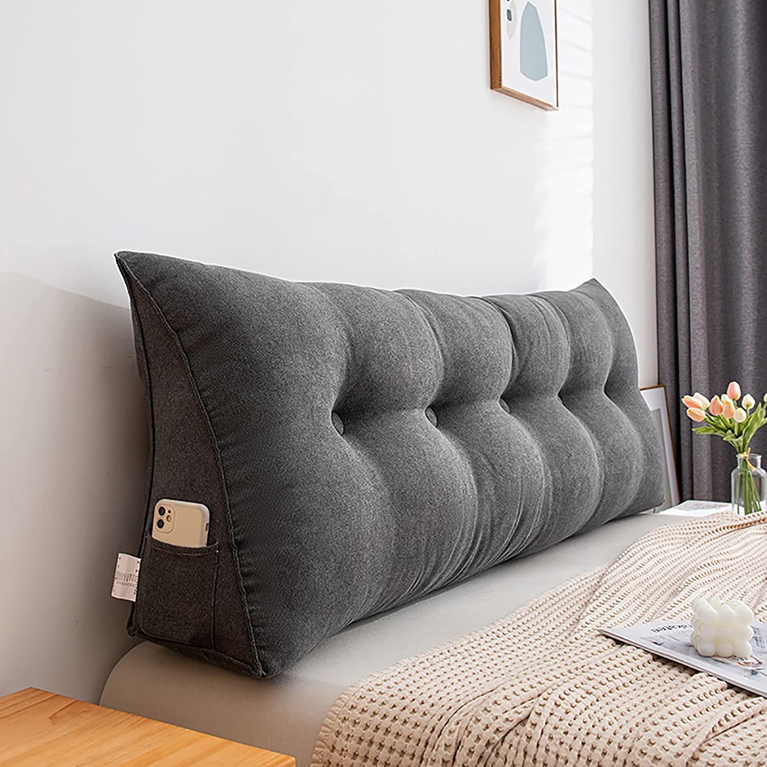 Triangular Headboard Pillow - Upholstered Washable Solid Color Bed Rest Positioning Support Pillow (Dark Gray, 80x50x20cm) for Back Support While Reading, Watching TV or Relaxing in Bed