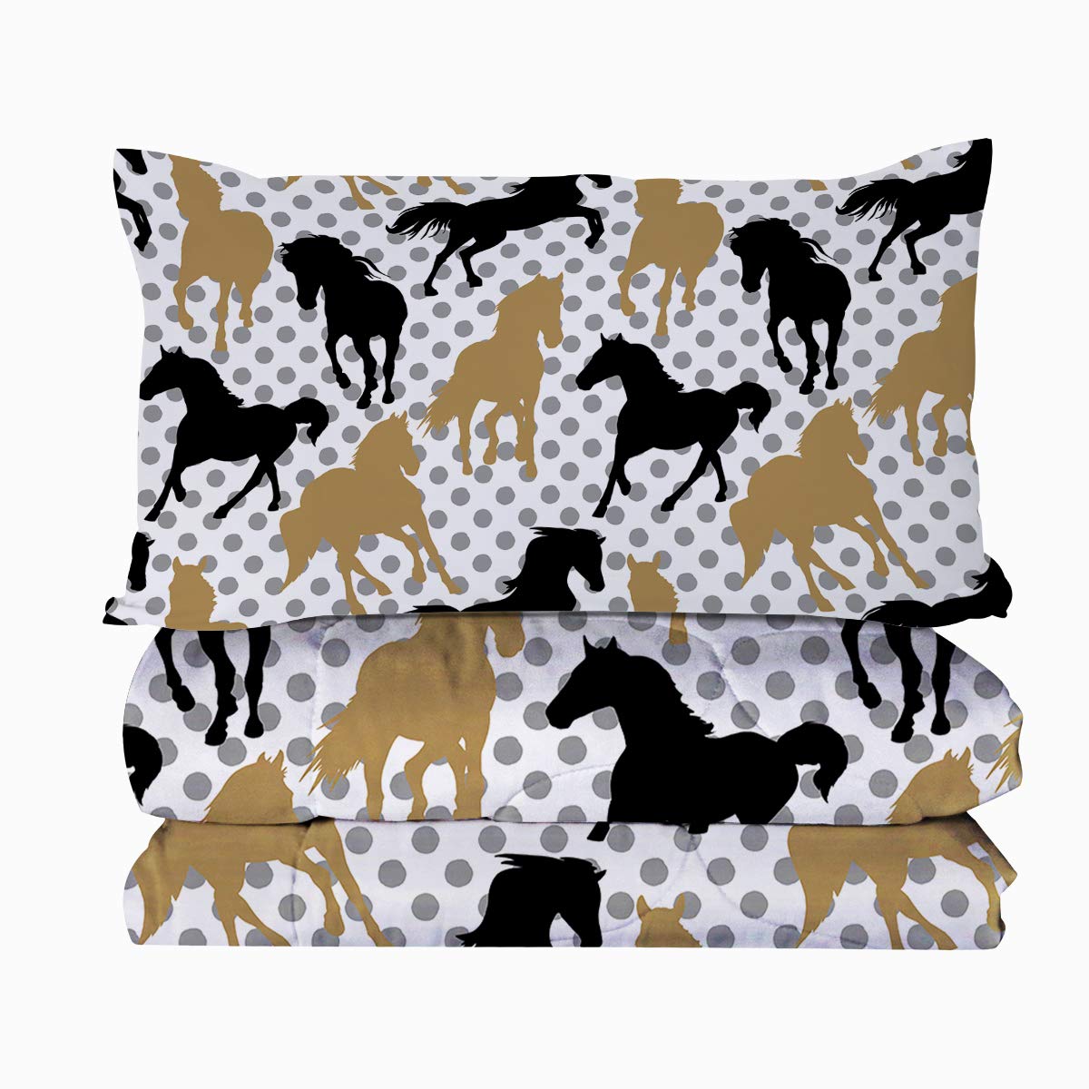 BlessLiving King Size Horses Comforter Set - Stylish Black & Gold Horse Silhouette on Grey Polka Dots, 3-Piece Bedding (1 Comforter + 2 Shams) for Western, Ranch or Equestrian Themed Bedrooms