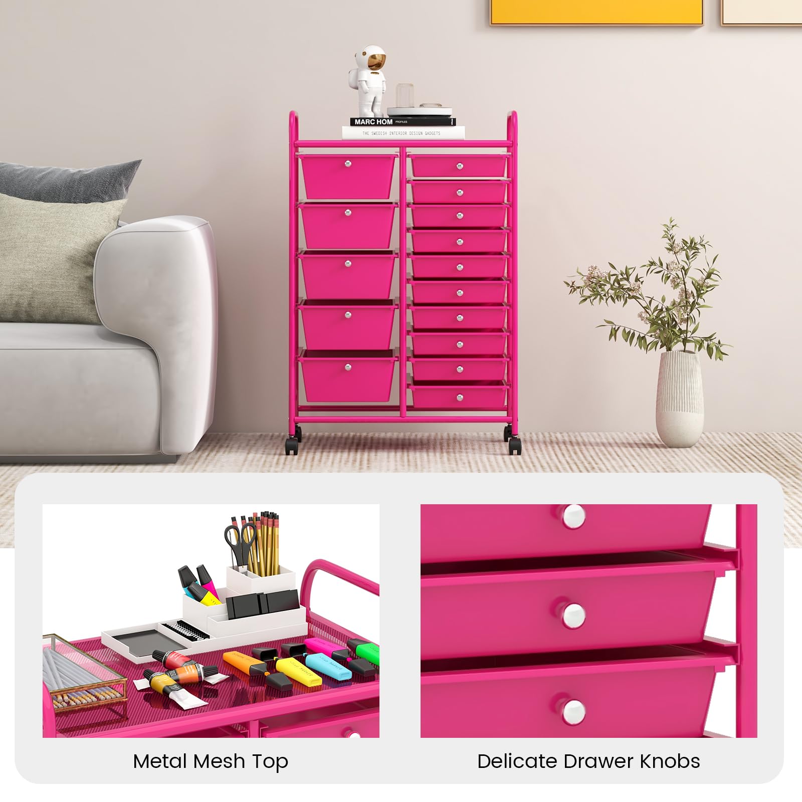 RELAX4LIFE 15-Drawer Rolling Storage Cart with Wheels - Mobile Utility Organizer for Crafts, Classroom, Office & Home - Perfect for School Supplies, Art Materials & Home Organization (Ideal for Teachers, Students & Crafters)