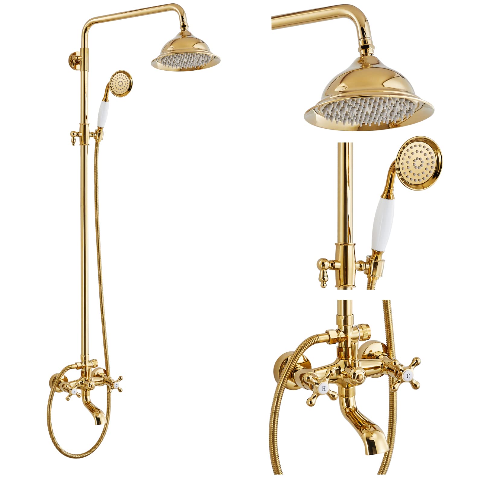 Gotonovo 8 Inch Rainfall Shower System - Polished Gold Wall Mount Bathroom Faucet with Tub Spout, Handheld Spray & Double Cross Handles | Outdoor & Indoor Shower Set for Luxurious Spa Experience