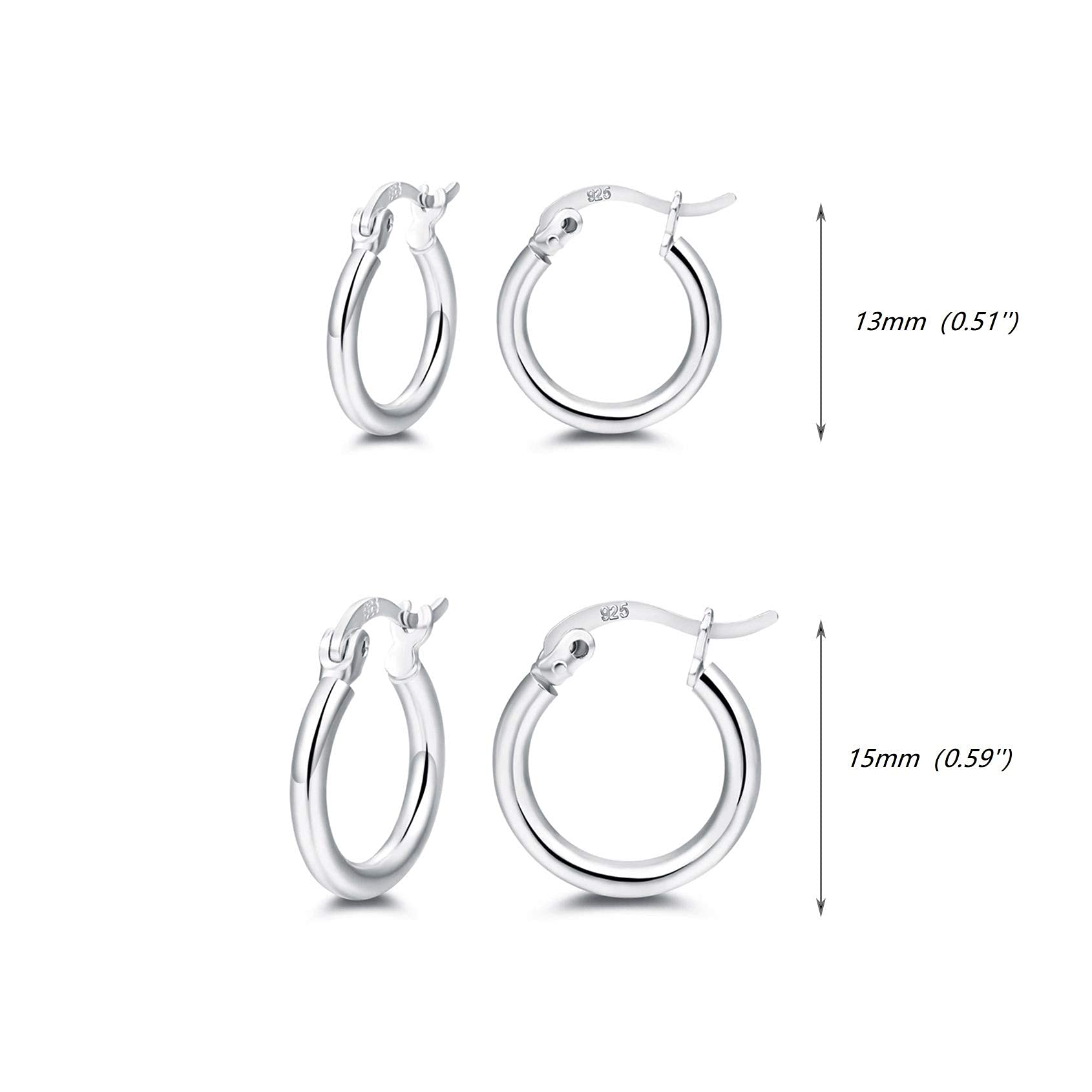 925 Sterling Silver Small Hoop Earrings - Hypoallergenic Huggie Earrings for Women & Men (13mm/15mm, 2 Pairs) | Everyday Wear, Gift Idea, Party & Office Accessories