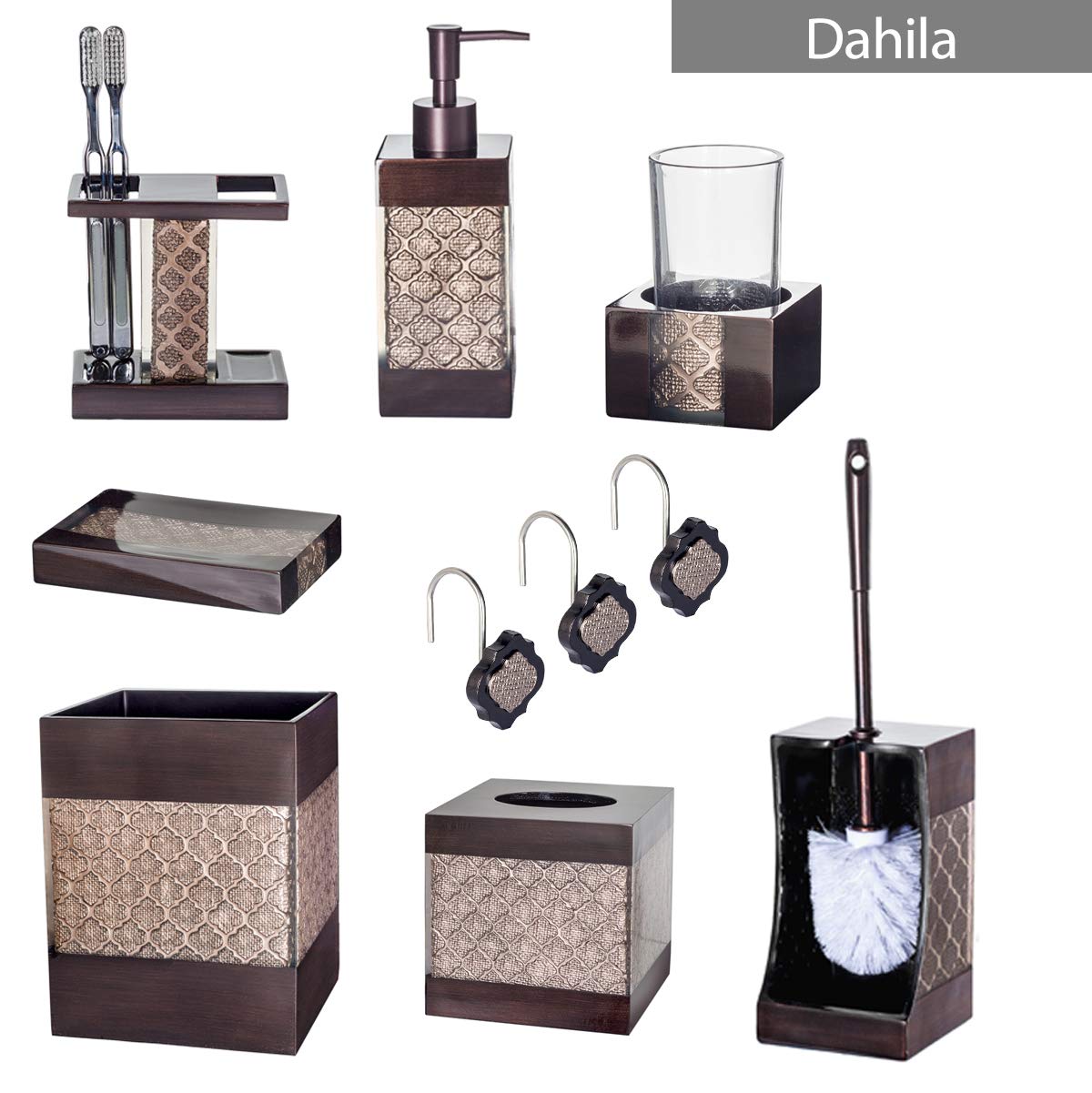 Dahlia Brown 4-Piece Bathroom Accessory Set - Soap Dispenser, Toothbrush Holder, Tumbler & Soap Dish | Modern Bathroom Decor for Home, Apartment & Guest Bath | Water-Resistant & Stylish Design
