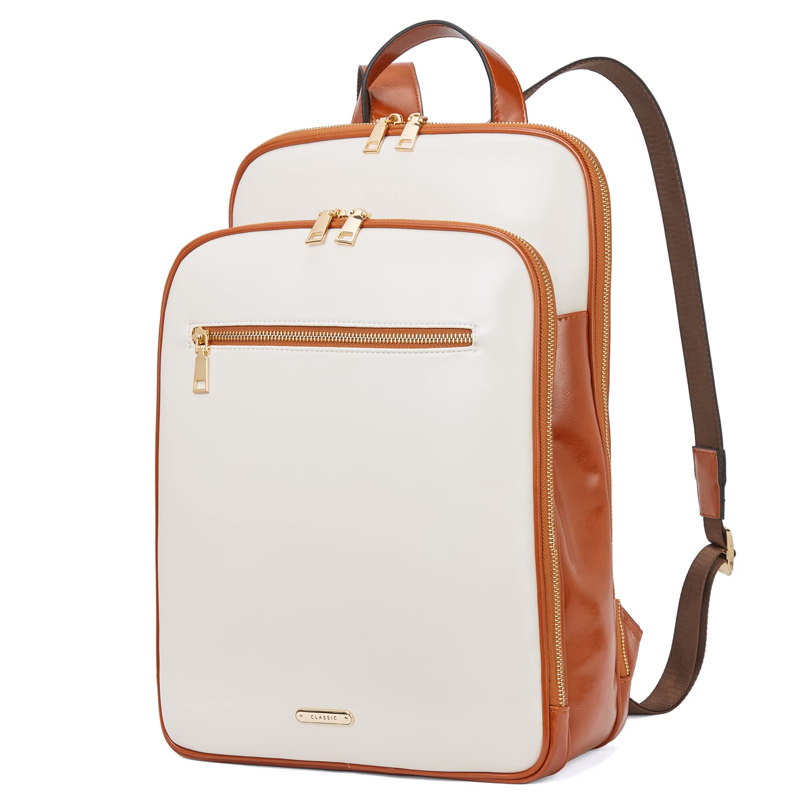Stylish Telena Laptop Backpack for Women - 15.6 Inch Business & College Computer Bag with USB Charging Port - Water-Resistant Work Backpack in Beige & Brown | Perfect for Office, Travel & School Use