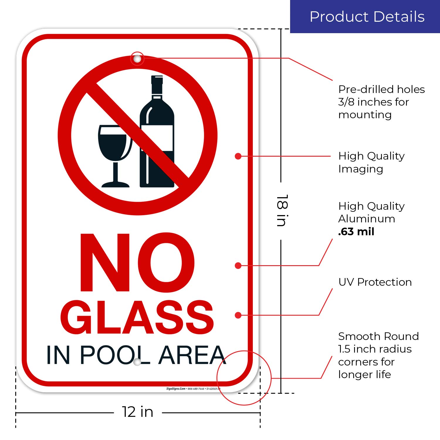 No Glass in Pool Area Sign - 12x18 Inches Rust-Free Aluminum Pool Safety Sign, Fade-Resistant & Durable, Made in USA - Perfect for Public Pools, Water Parks & Backyard Swimming Pools