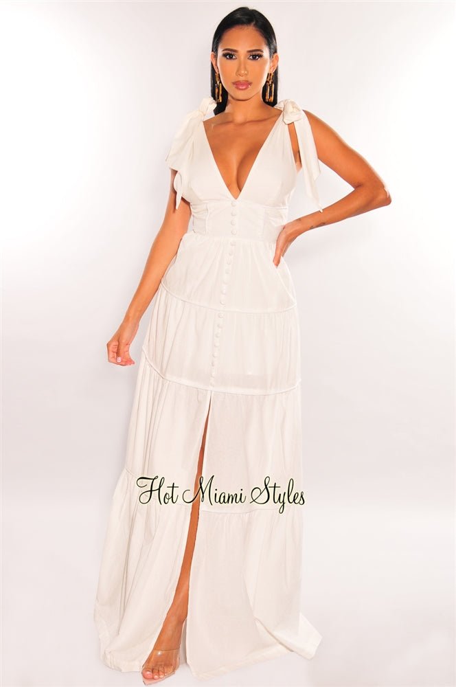 Elegant White V-Neck Tie-Up Button Front Slit Tiered Maxi Dress for Women | Summer Beach Wedding Party & Vacation Outfit