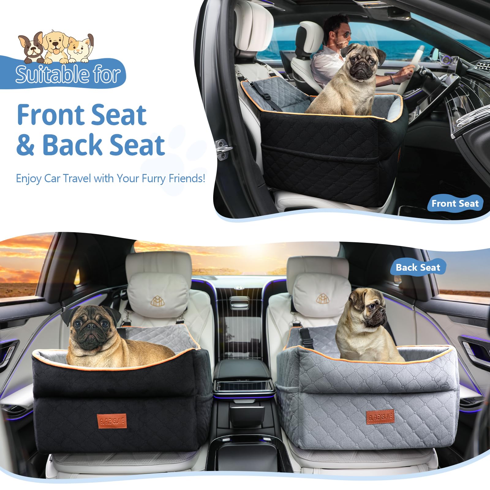 **Memory Foam Dog Booster Car Seat for Small & Medium Dogs (0-35 lbs) - Anti-Slip Pet Travel Bed with 2 Adjustable Leashes & Storage Pockets - Perfect for Road Trips & Daily Commutes**