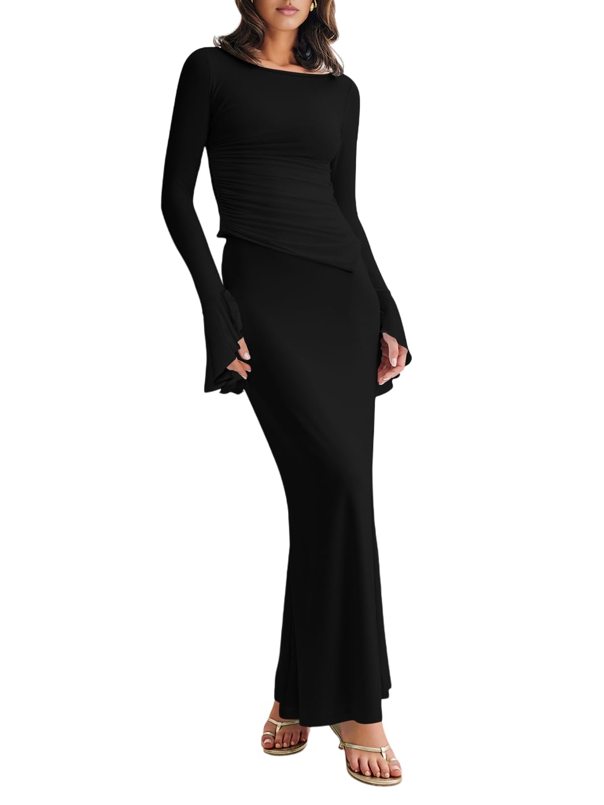 Lrady Women's 2 Piece Maxi Skirt Set - Casual Long Sleeve Cropped Top & High Waisted Long Skirt Outfit for Spring/Summer Fashion, Beach Vacations, and Date Nights
