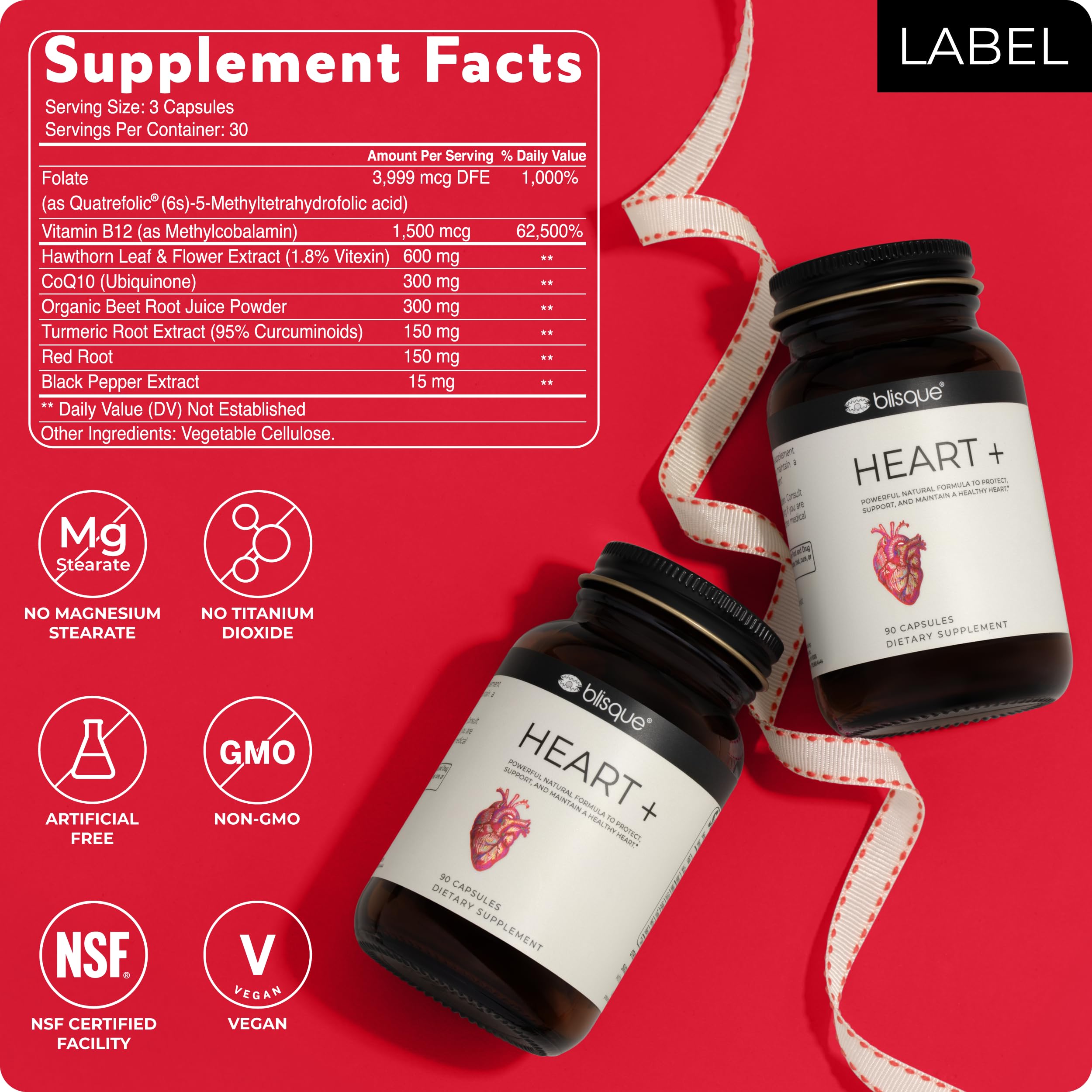Blisque Natural Blood Pressure Support Supplement with CoQ10, Hawthorn Berry & Beet Root - Heart Health & Circulation Booster | Doctor Approved | 90 Capsules | Supports Healthy Blood Flow for Active Lifestyles & Stress Management