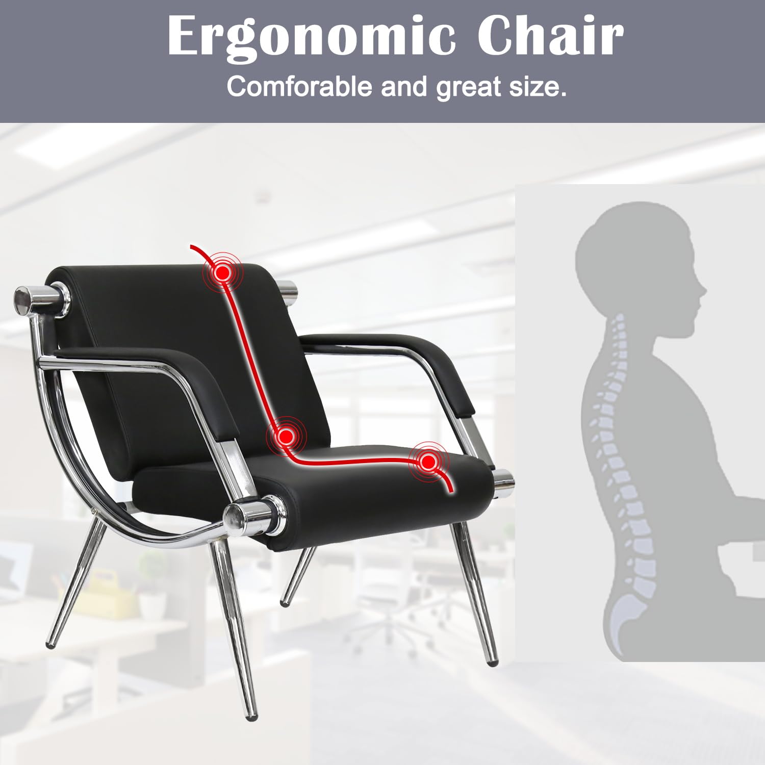 2 PCS Waiting Room Chairs - Black PU Leather Office Reception Guest Chairs for Lobby, Airport, Hotel & Clinic | Comfortable Seating Solution for High Traffic Areas