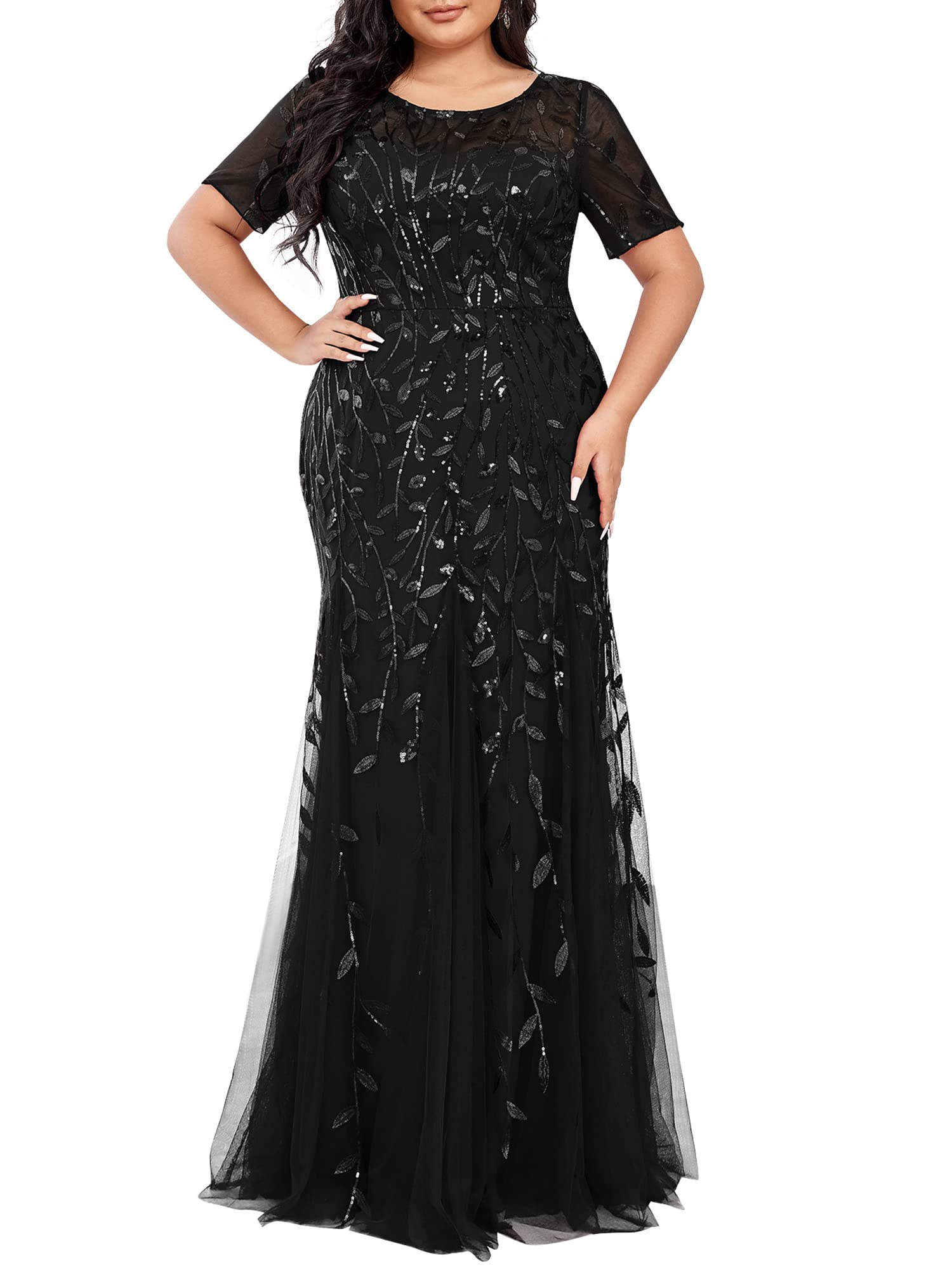 Ever-Pretty Women's Plus Size Embroidery Sequin Short Sleeve Bodycon Maxi Formal Dress 07707-PZUSA | Elegant Evening Gown for Weddings, Prom, Cocktail Parties & Special Occasions