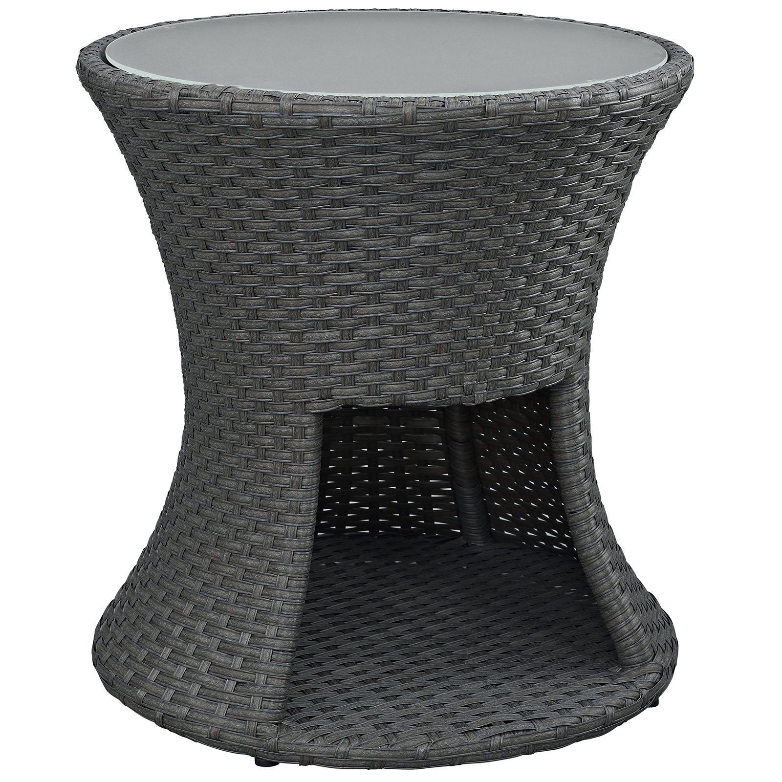 Modern Outdoor Patio Lounge Coffee Side Table - Round Dark Grey Glass Rattan Wicker for Garden, Balcony, and Poolside Relaxation