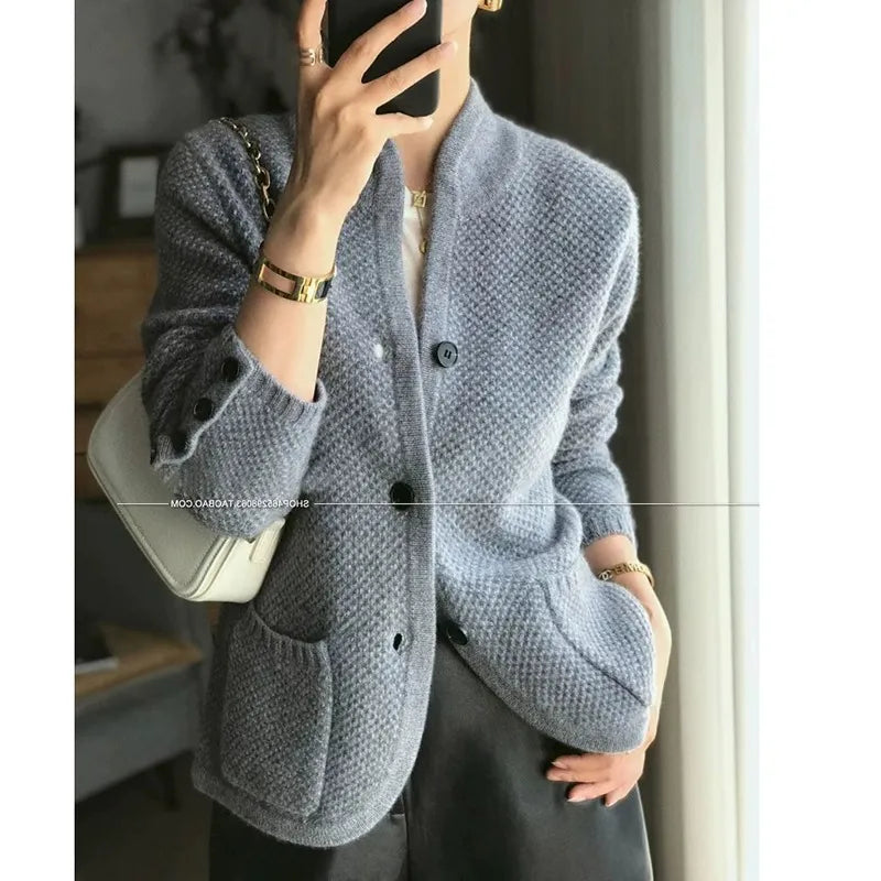 Women's 100% Cashmere Wool Cardigan - Thick Winter Stand Neck Loose Knit Sweater Jacket | Cozy Fall & Winter Layering for Office & Casual Outfits