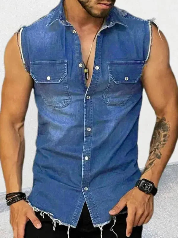Distressed Sleeveless Men's Denim Shirt - Vintage Washed Denim Vest for Casual Wear & Summer Outfits - Perfect for Music Festivals, Beach Parties and Street Style Fashion