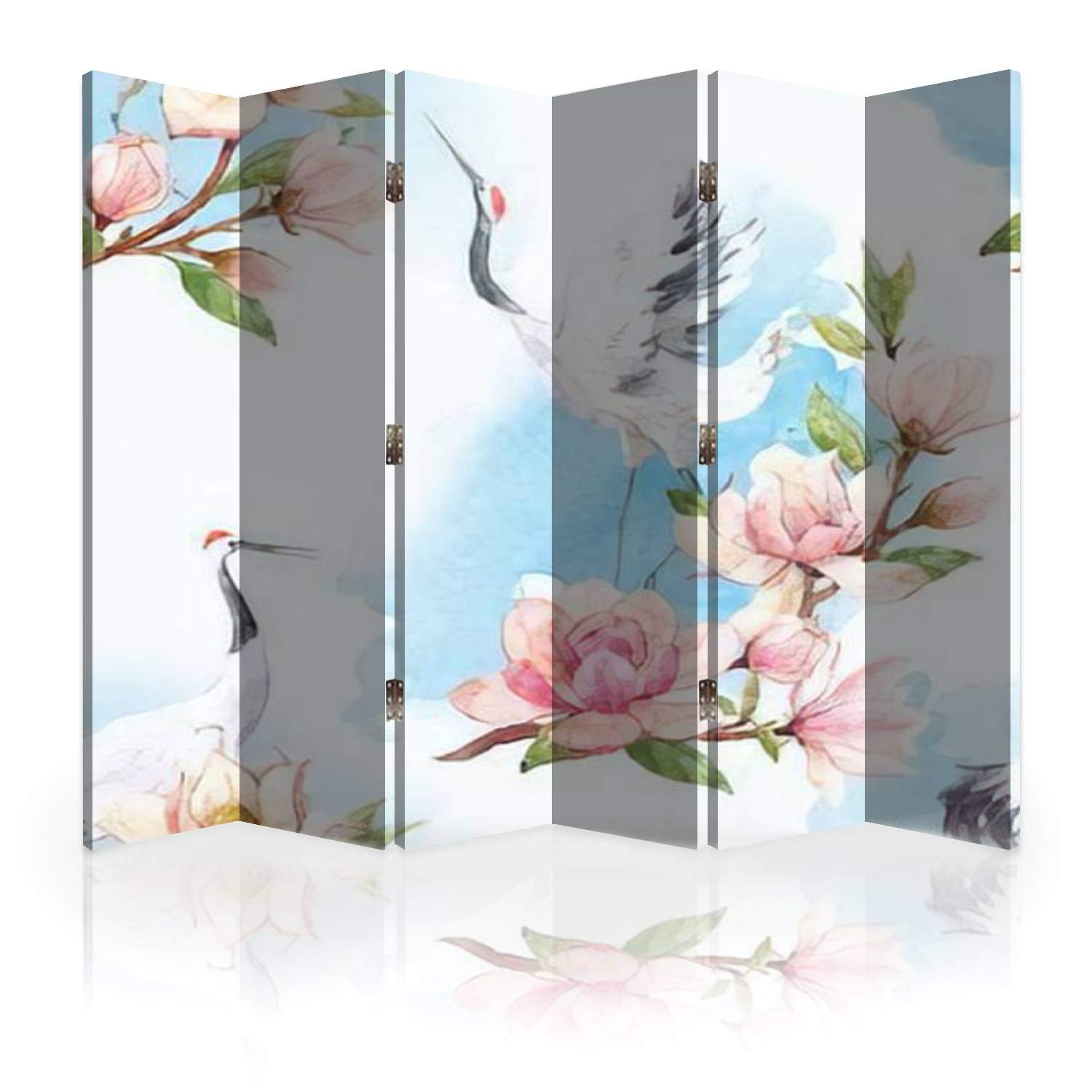 Japanese Traditional Watercolor Crane & Branch Canvas Room Divider - 6 Panel Folding Privacy Screen with Red Head Motif | Perfect for Home Office, Bedroom Partition & Studio Space Separation