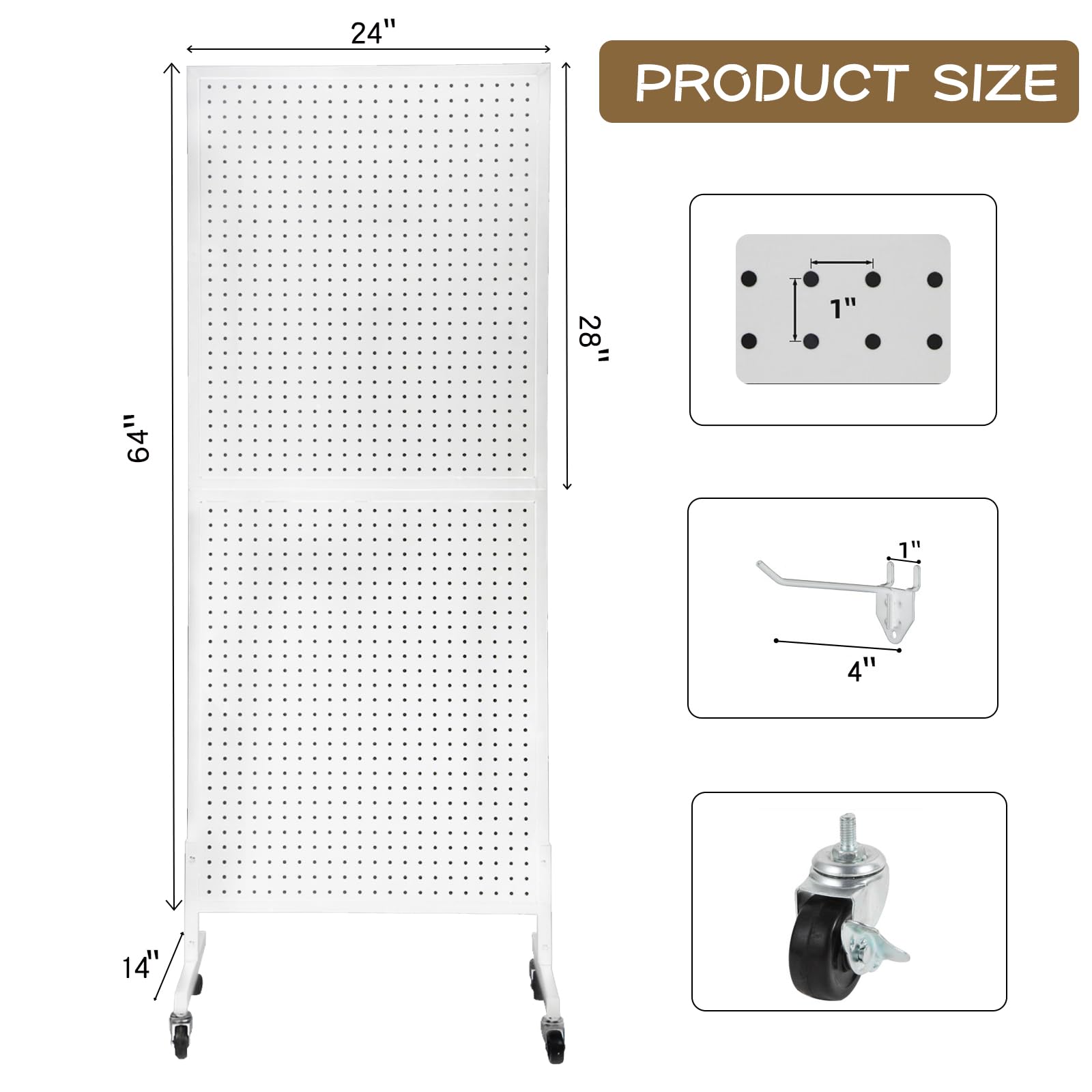 2'x5' Metal Pegboard Display Stand with 30 Hooks & Wheels - White | Wall Mount or Freestanding Retail Display Rack for Store Organization, Workshop Tools & Home Garage Storage