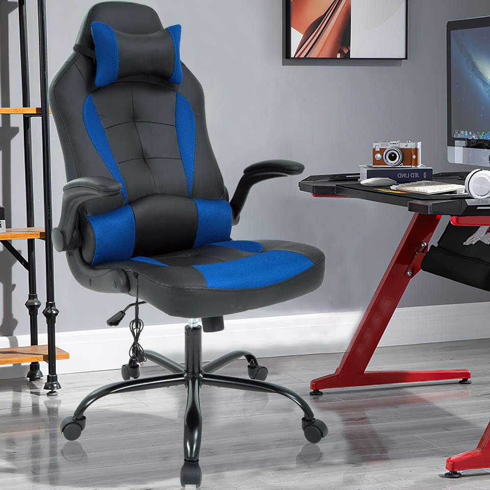 Ergonomic Massage Gaming Chair - High Back PU Leather Office Chair with Lumbar Support & Headrest - Adjustable Armrests for PC, Racing & Computer Use - Blue Executive Swivel Task Chair for Home & Office Workspaces