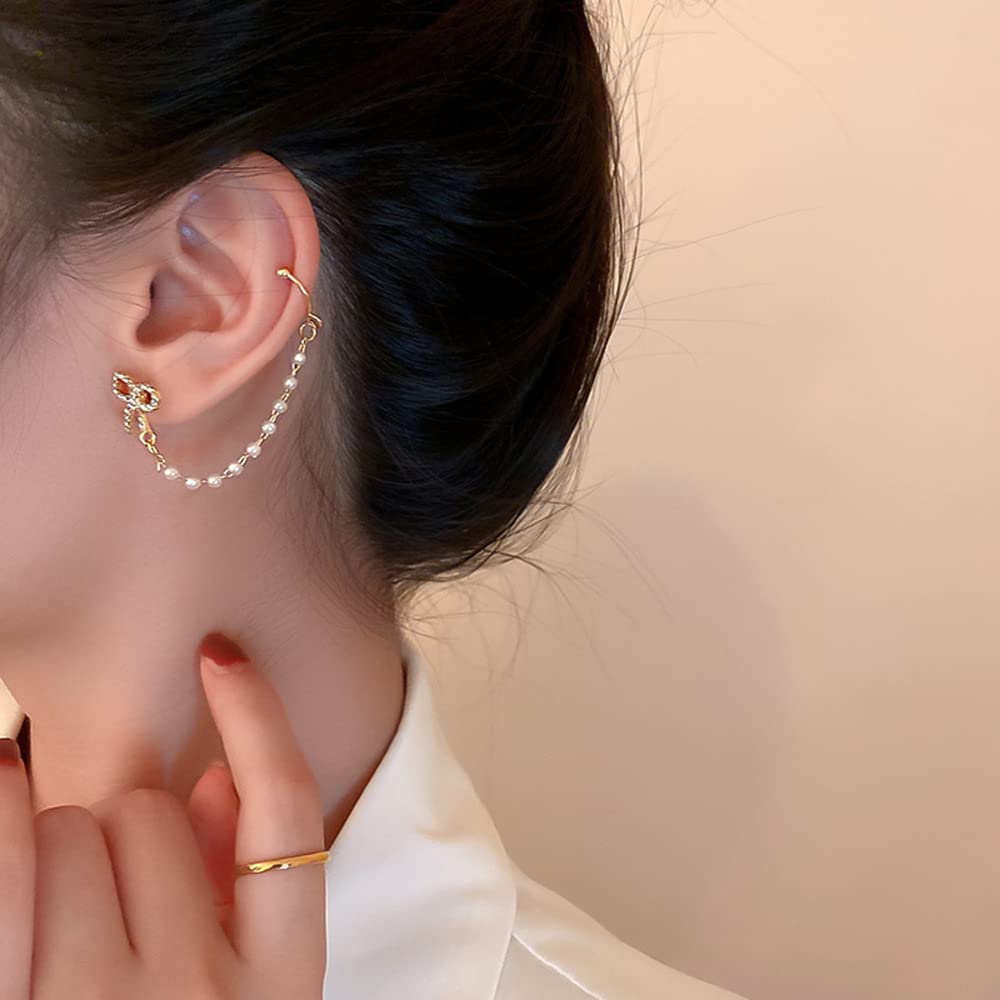 JWICOS Gold Rhinestone Bowknot Stud Asymmetric Earrings for Women - Delicate Cuff Chain Wrap Tassel Pearl Earrings | Perfect for Parties, Weddings & Date Nights