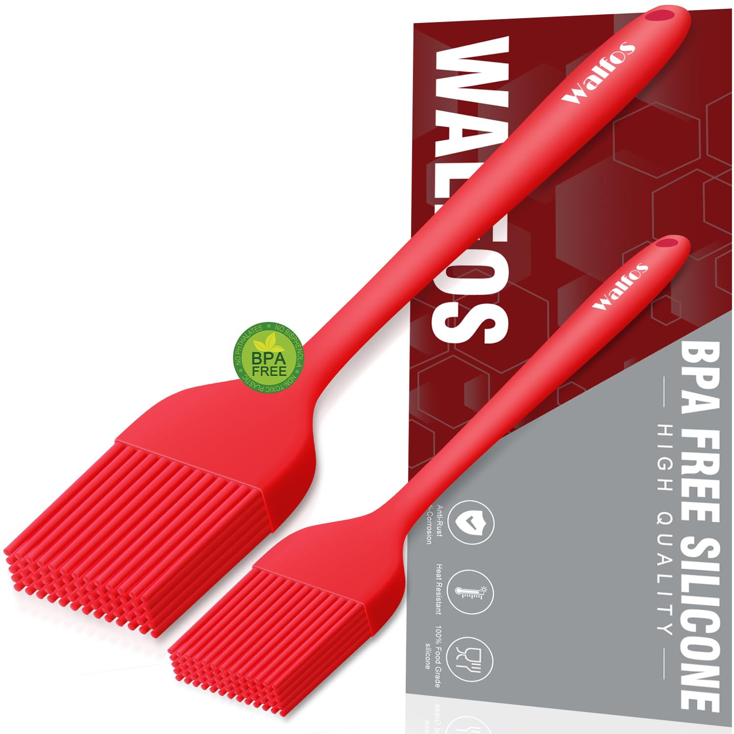 Walfos Silicone Basting Pastry Brush Set - 2 Pack Heat Resistant BBQ & Baking Brushes with Steel Core, One-Piece Design for Grilling, Cooking, Cake Decorating - BPA Free & Dishwasher Safe (Red)