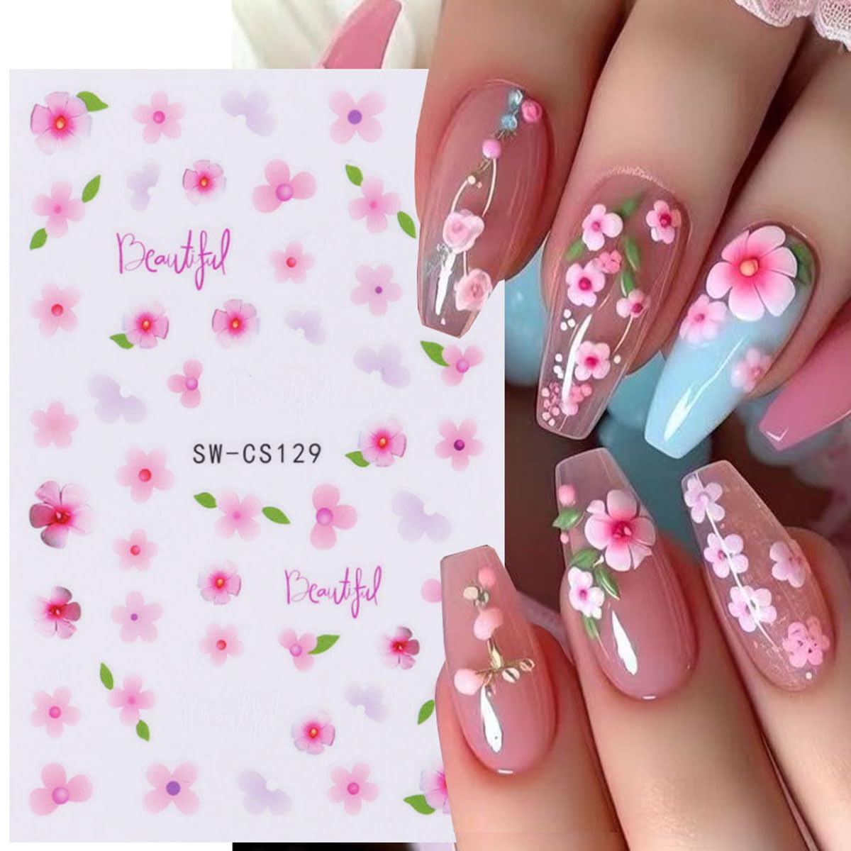 Spring Flower Nail Art Stickers - 6PCS Pink Purple Blossom Floral 3D Self-Adhesive Nail Decals for Manicure | DIY Nail Decorations | Perfect for Spring Parties, Weddings & Everyday Nail Art