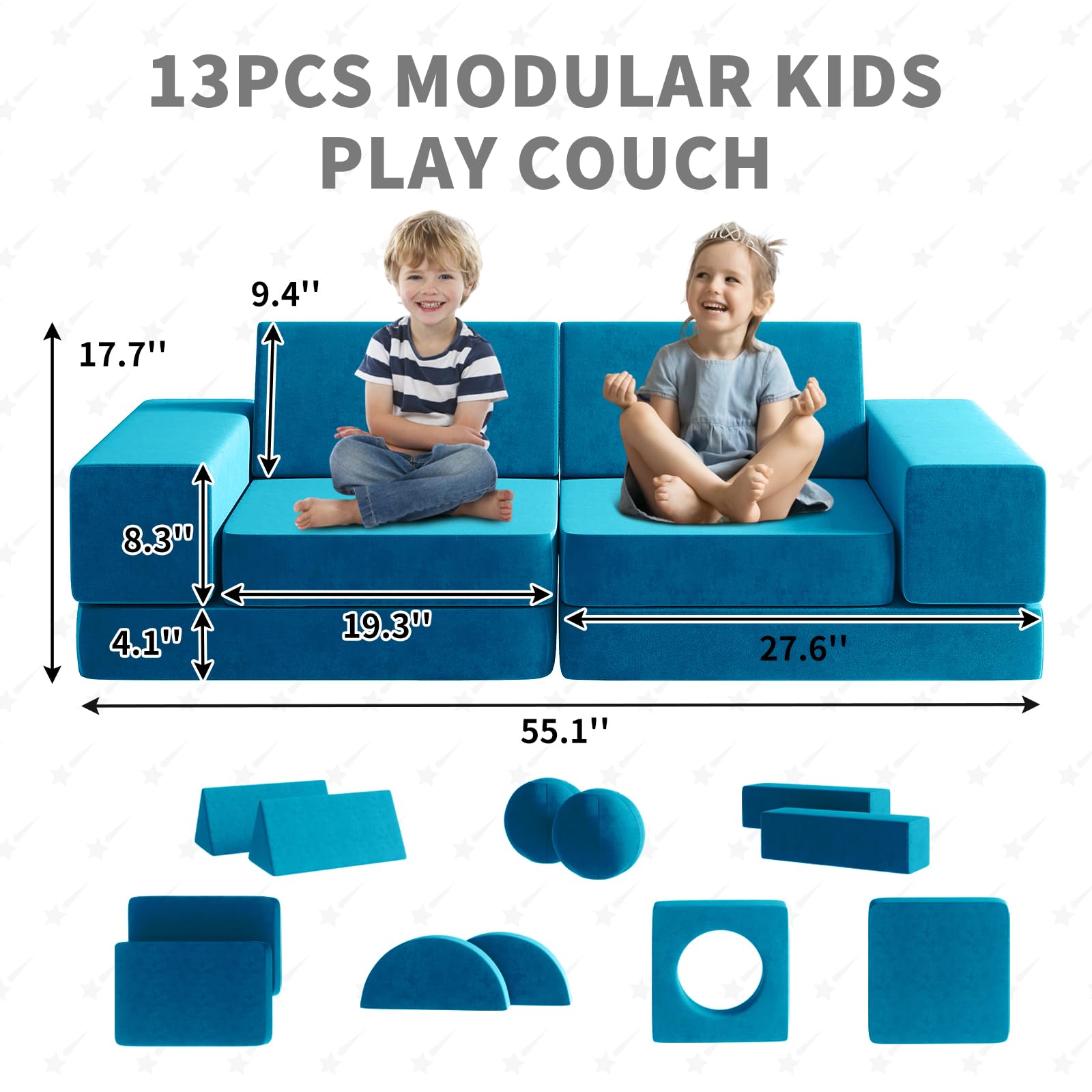 **12PCS Modular Kids Play Couch with 2 Balls & Tunnel – Foldable Toddler Sofa for Playroom, Kickball, Pitching & 30+ Creative Games – Indoor/Outdoor Fun (Blue)**    *(Use Cases: Perfect for playrooms, birthday parties, indoor forts, outdoor picnics, and imaginative play!)*