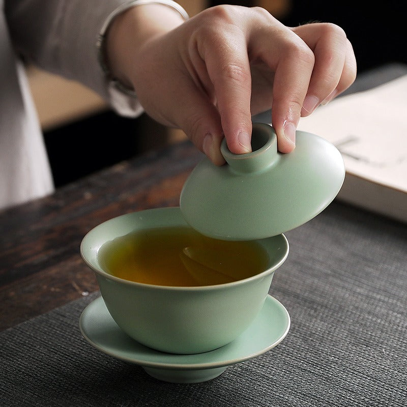 Authentic Chinese Ru Kiln Gaiwan - Handmade Ceramic Teacup with Lid & Saucer for Gongfu Tea Brewing | Perfect for Tea Ceremonies, Home Use & Gifts