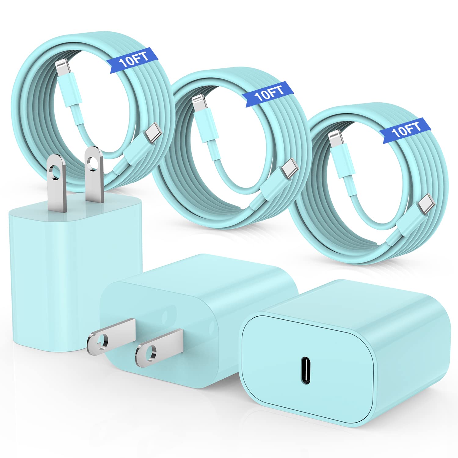 10ft Fast Charging iPhone Cable - 20W USB C Wall Charger with Type C to Lightning Cord for iPhone 14/13/12/11 Pro Max Plus & iPad - 3 Pack Green - Perfect for Home, Office, Travel & Car Charging