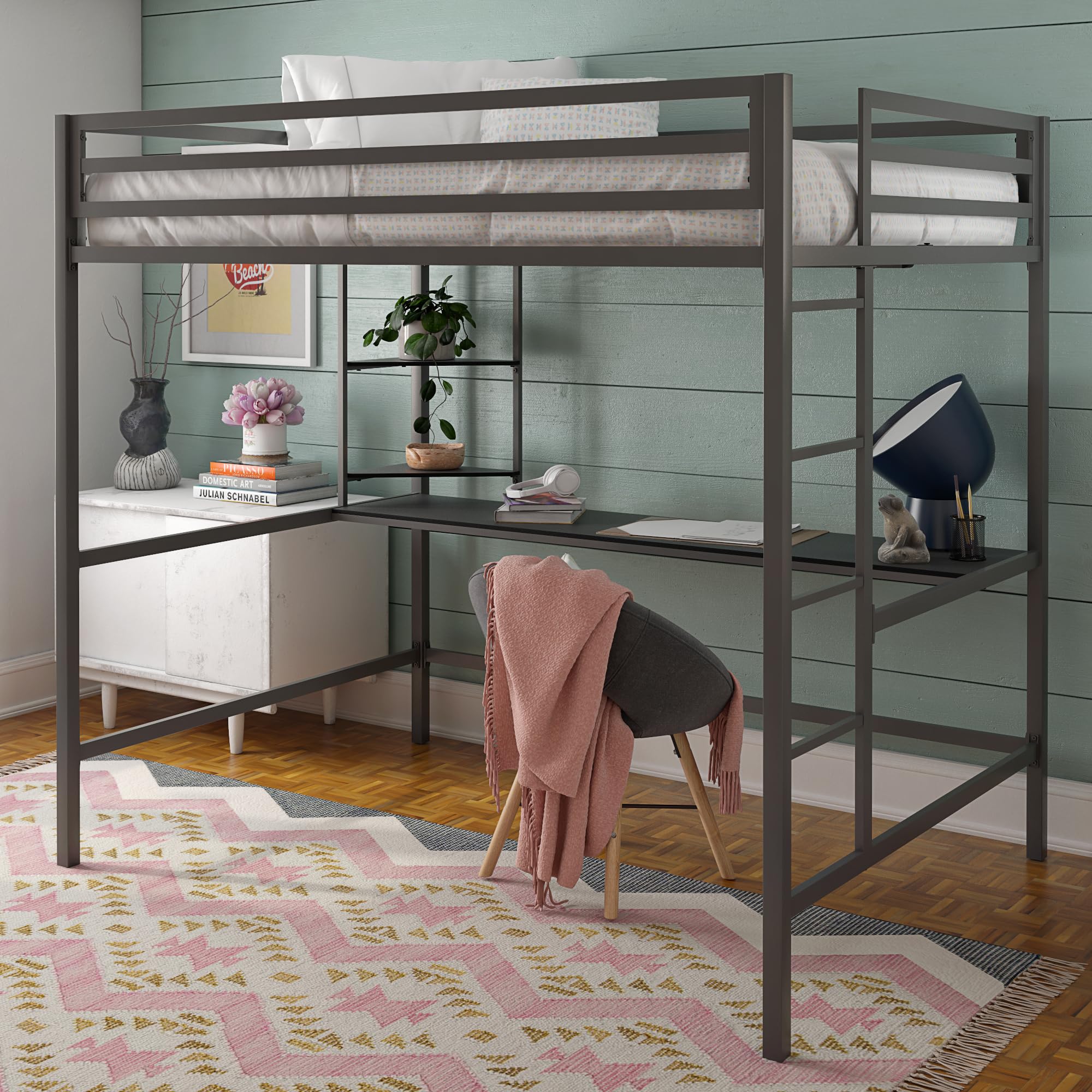 Novogratz Maxwell Metal Full Loft Bed with Built-in Desk & Shelves - Space Saving Gray/Black Bed Frame for Small Rooms, Dorms & Apartments